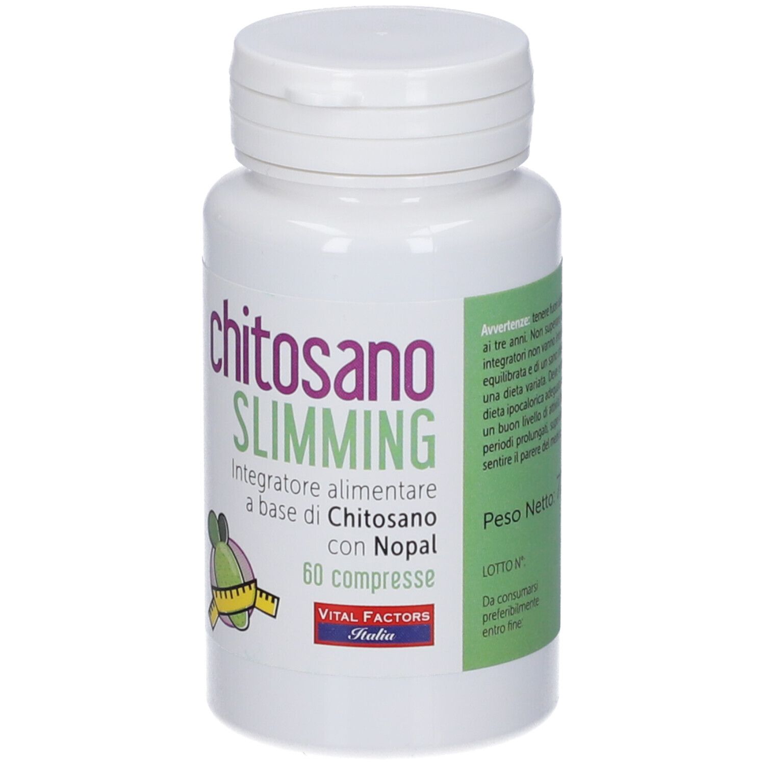 Flacone bianco con etichetta verde. Scritta: Chitosano Slimming, 60 compresse. Vital Factors Italia.