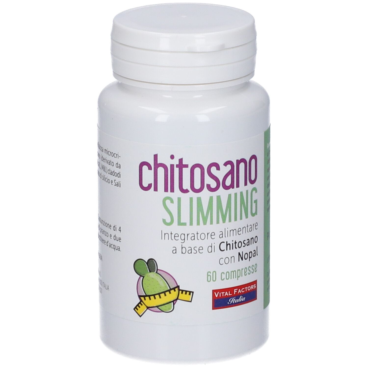 Flacone bianco con etichetta verde. Scritta: Chitosano Slimming, 60 compresse. Vital Factors Italia.