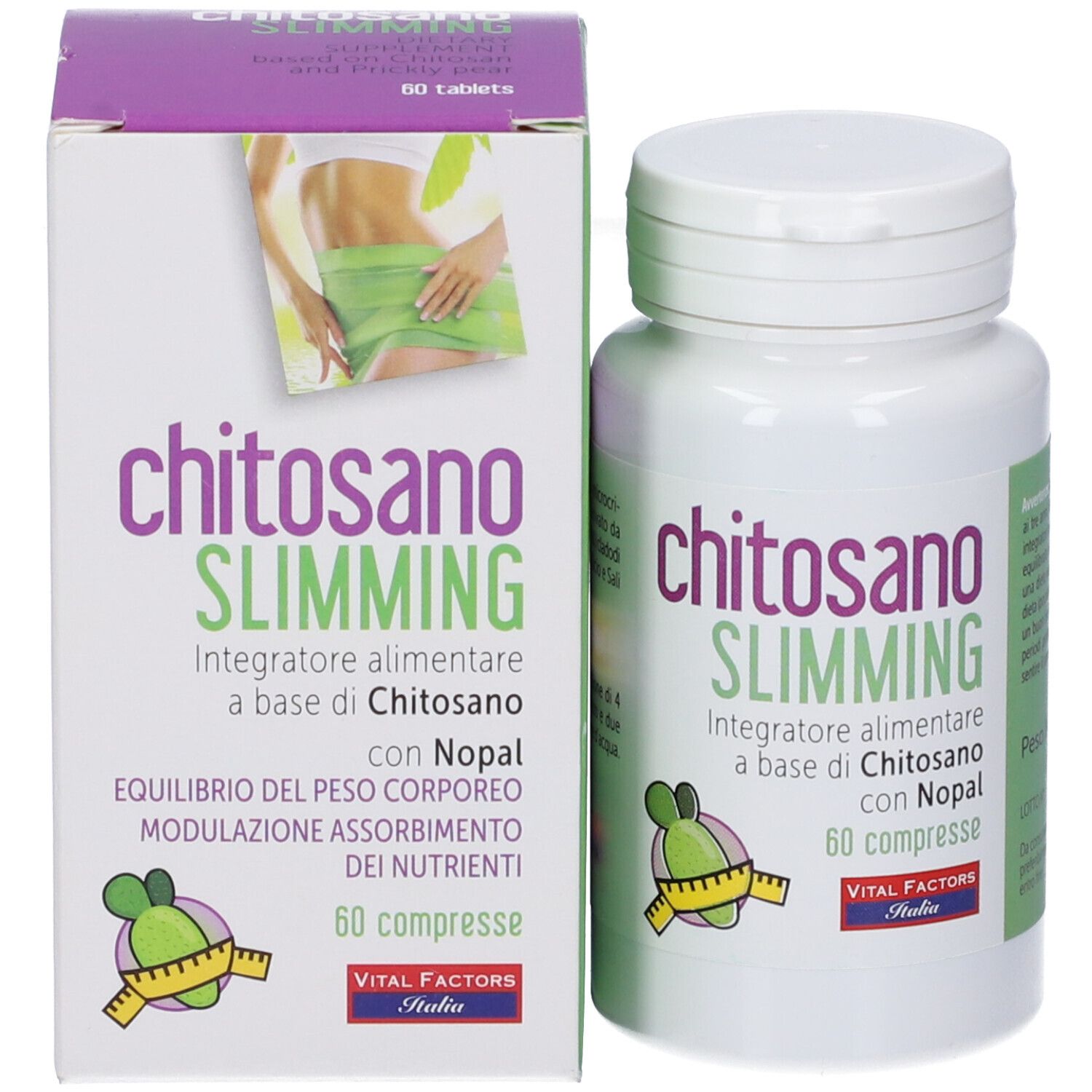 Flacone e scatola del prodotto. Scritta: Chitosano Slimming, 60 compresse. Vital Factors Italia. Immagine di una donna.