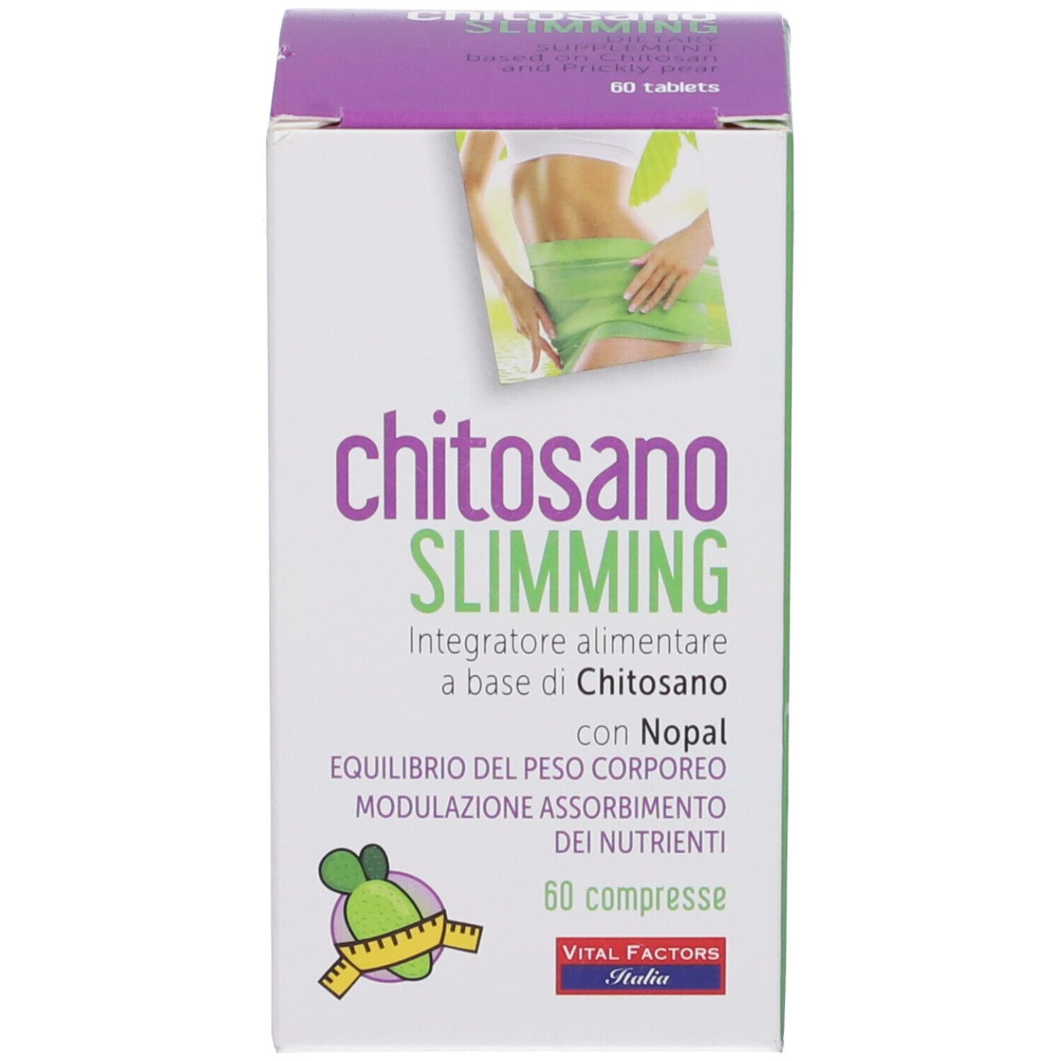 Confezione del prodotto. Scritta: Chitosano Slimming, 60 compresse. Vital Factors Italia. Immagine di una donna.