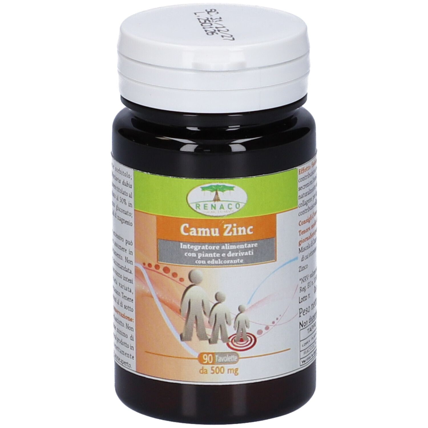 Flacone marrone con tappo bianco. Scritta: Camu Zinc, 90 compresse, 500 mg. Con edulcorante.