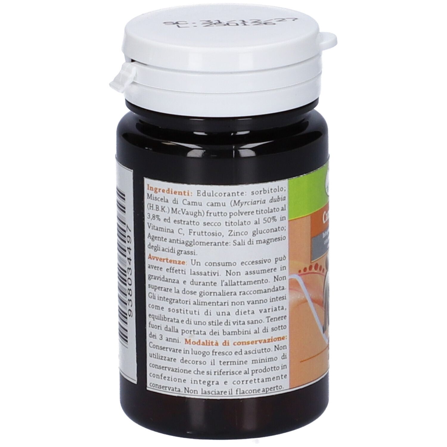 Retro del flacone marrone con tappo bianco. Lista ingredienti e avvertenze visibili.