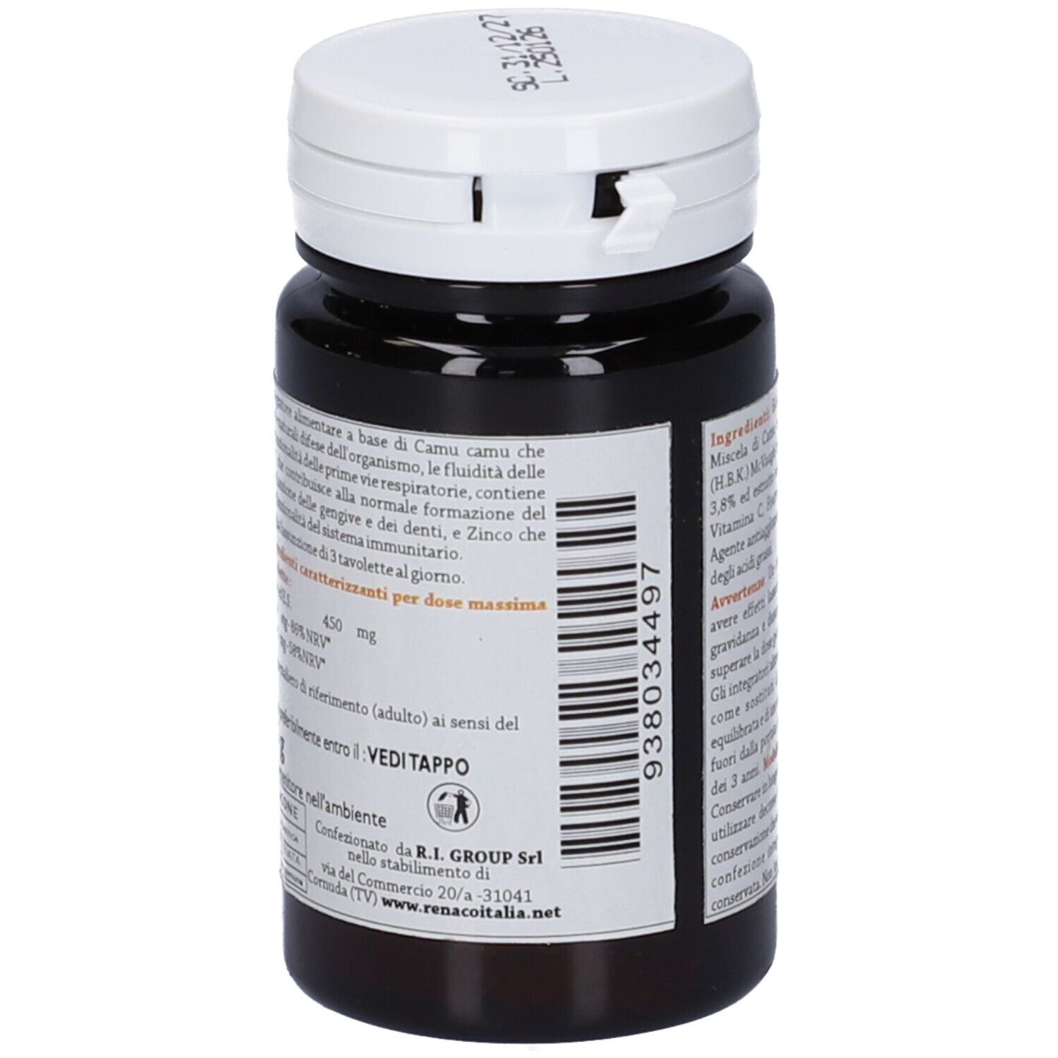 Retro del flacone marrone con tappo bianco. Informazioni su ingredienti e dosaggio.