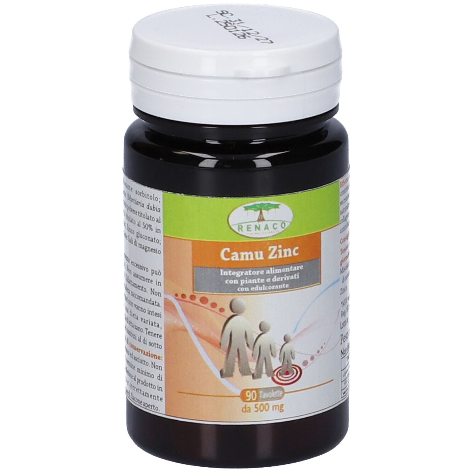 Flacone marrone con tappo bianco. Scritta: Camu Zinc, 90 compresse, 500 mg. Con Elaborate.