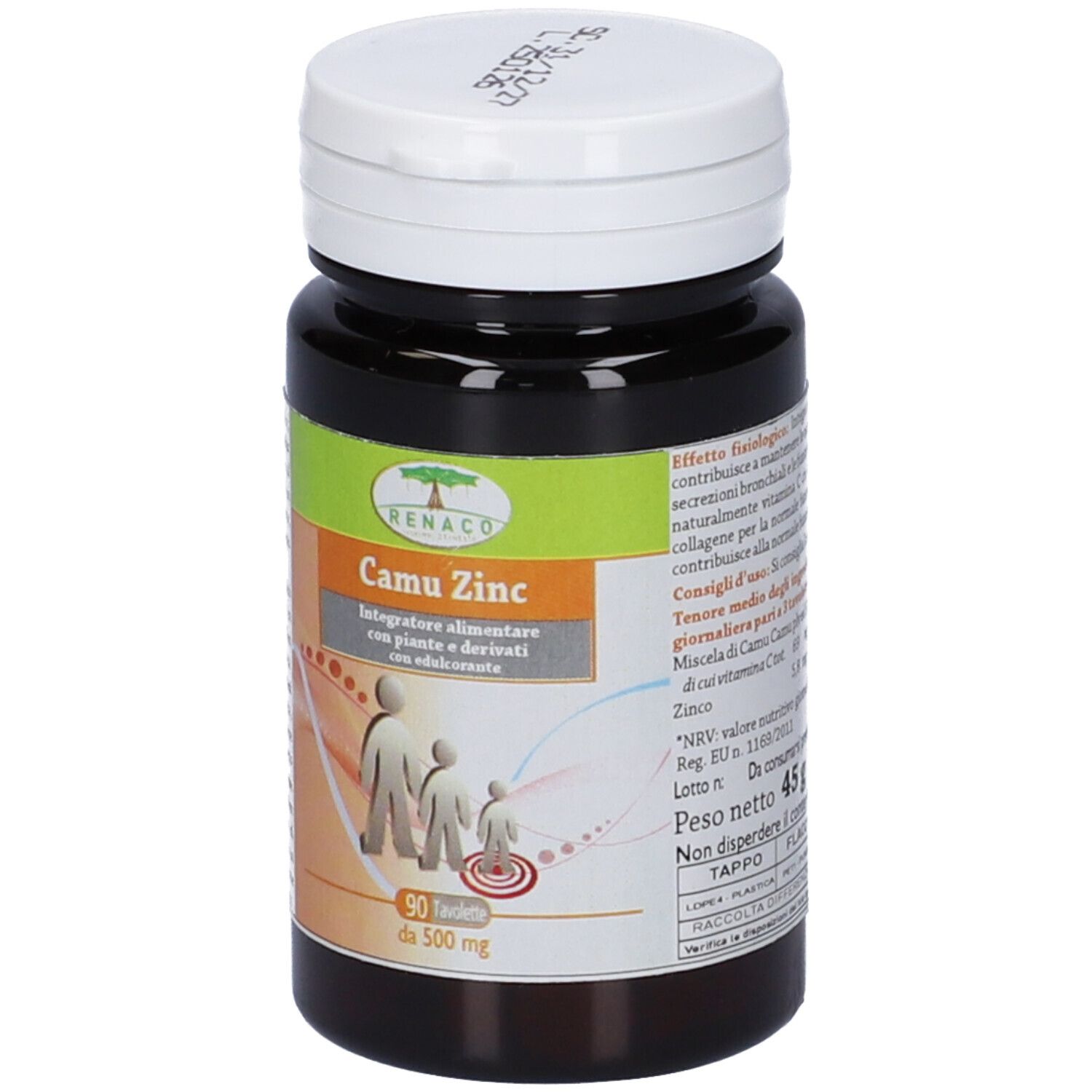Flacone marrone con tappo bianco. Scritta: Camu Zinc, 90 compresse, 500 mg. Peso netto 45 g.