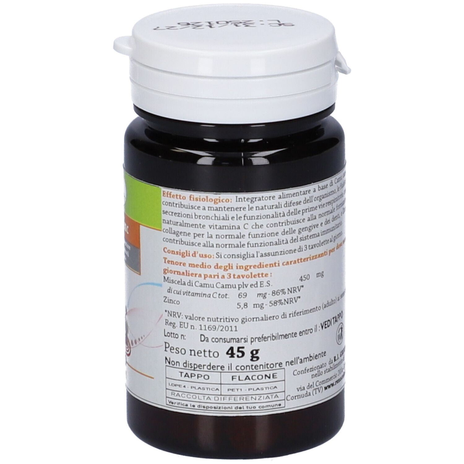 Retro del flacone marrone con tappo bianco. Informazioni su ingredienti e peso netto.