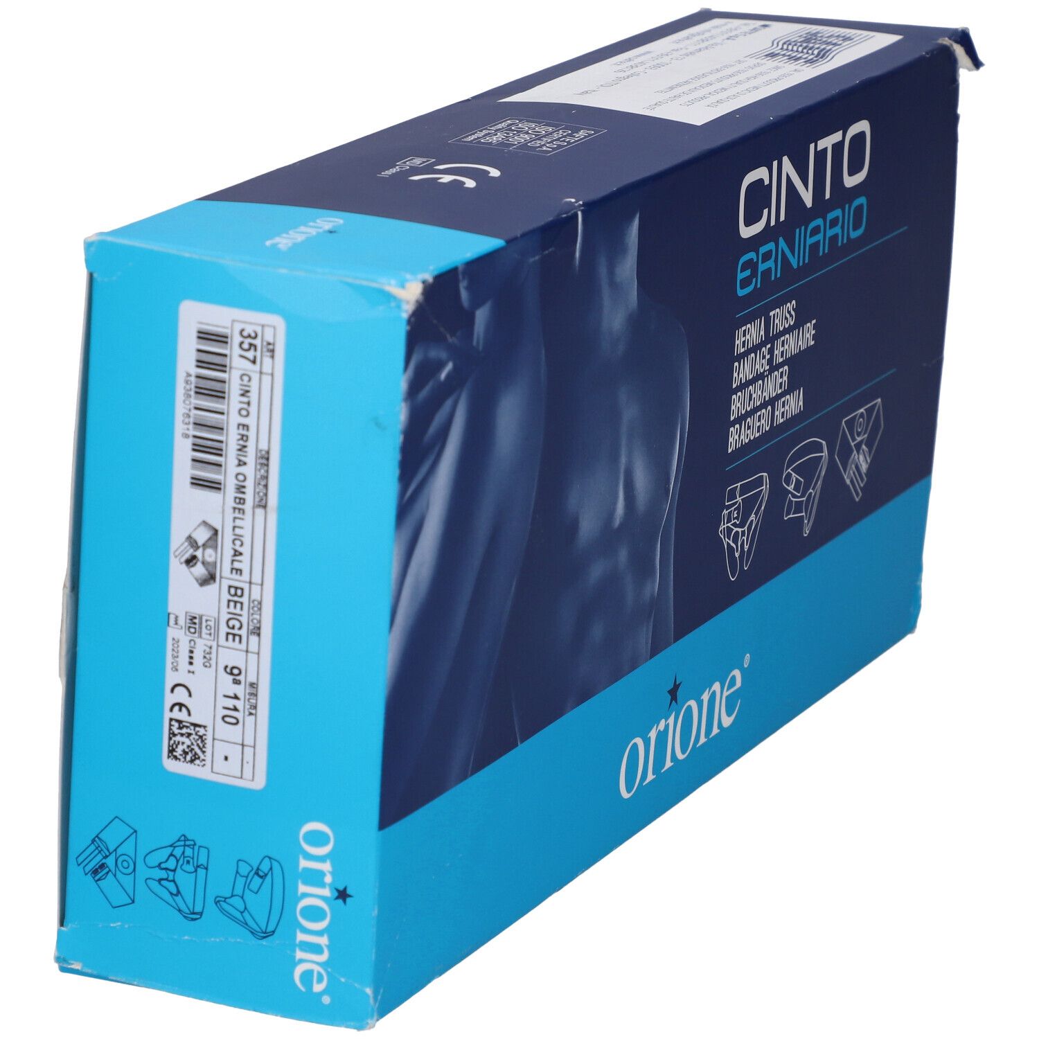 Confezione Orione Cinto Ernario Hernia Truss, lato frontale con informazioni sul prodotto e marchio CE.