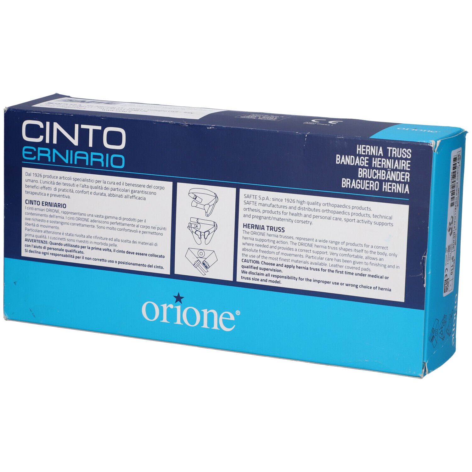 Confezione Orione Cinto Ernario Hernia Truss, retro con istruzioni d'uso dettagliate e informazioni sul prodotto.