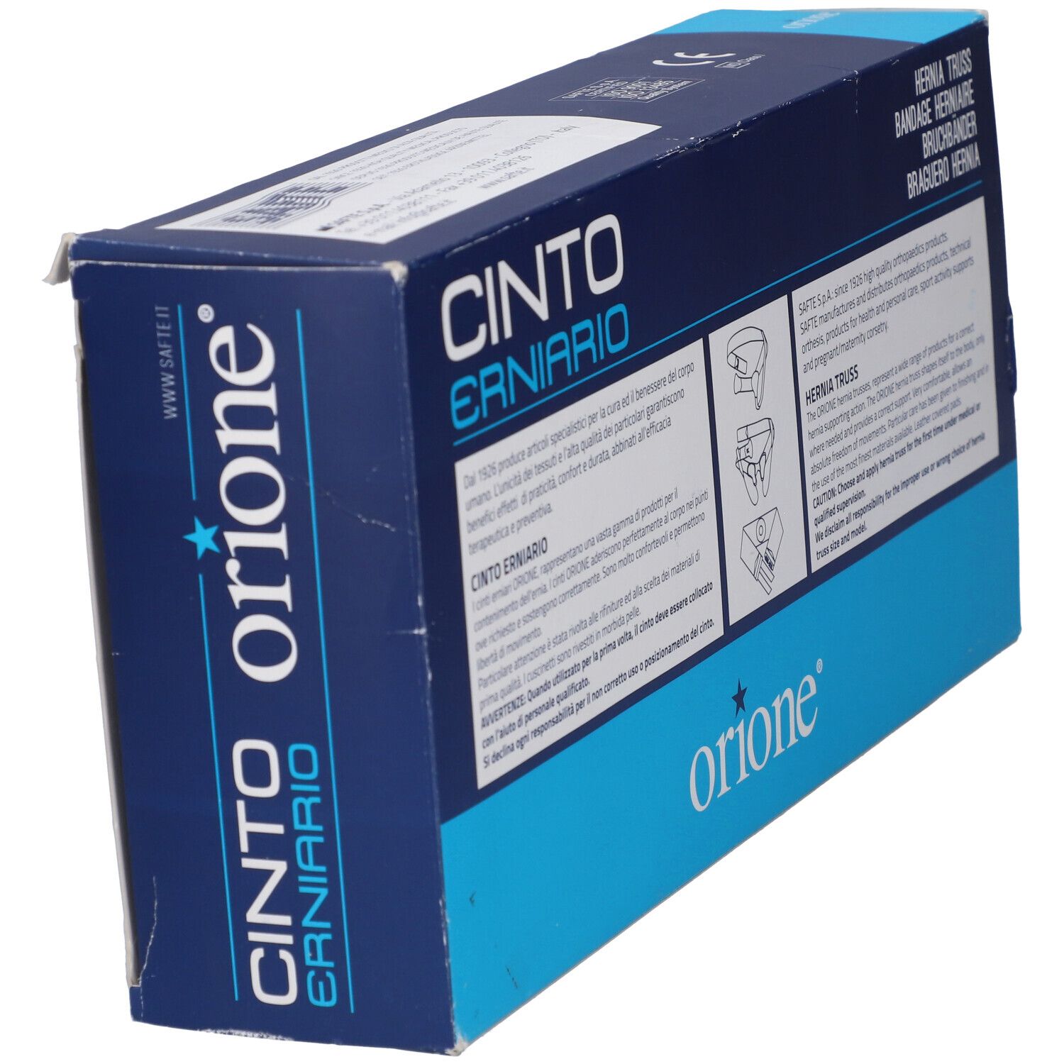 Confezione Orione Cinto Ernario Hernia Truss, vista laterale con logo e nome del prodotto.