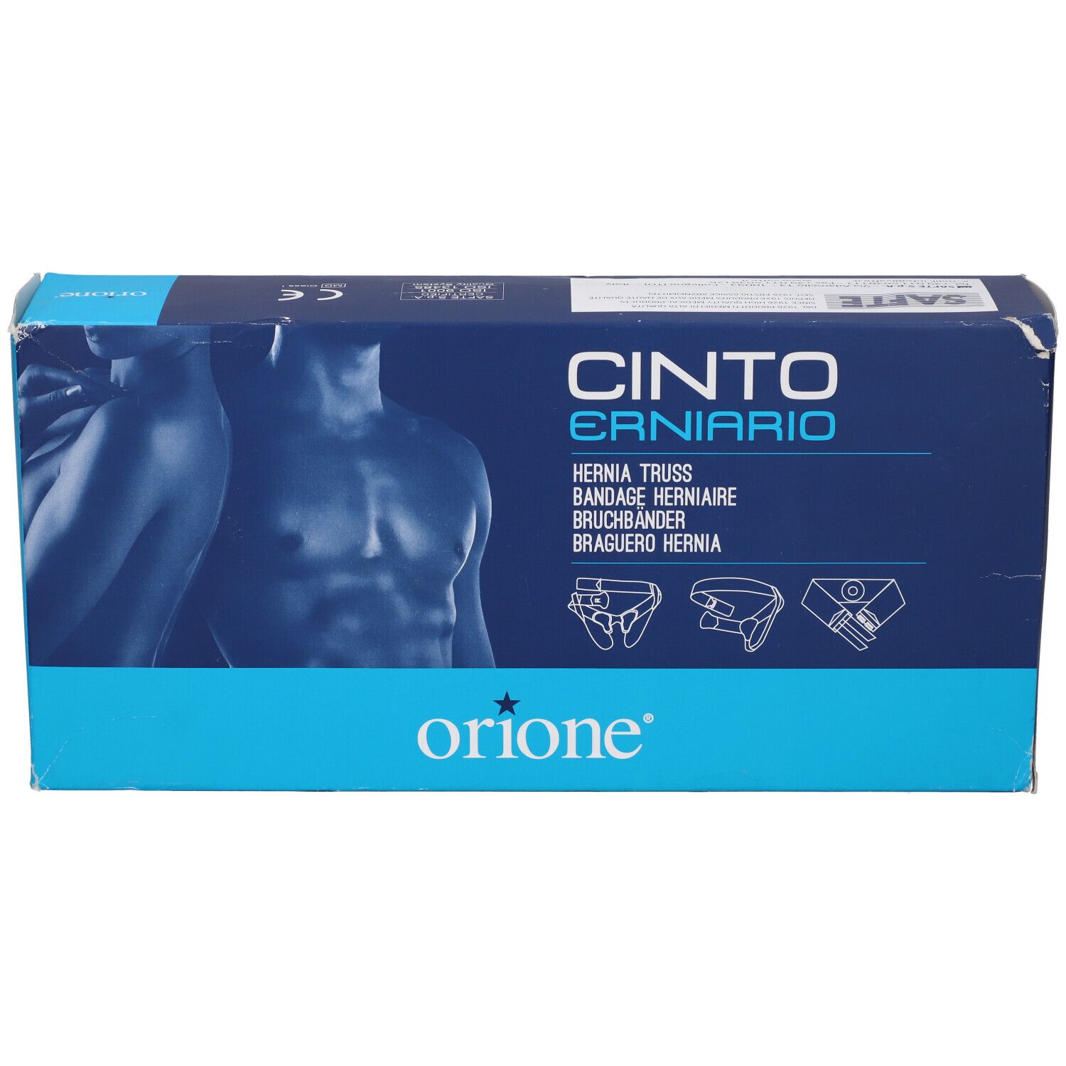 Confezione Orione Cinto Ernario Hernia Truss con illustrazioni del prodotto e raffigurazioni anatomiche.