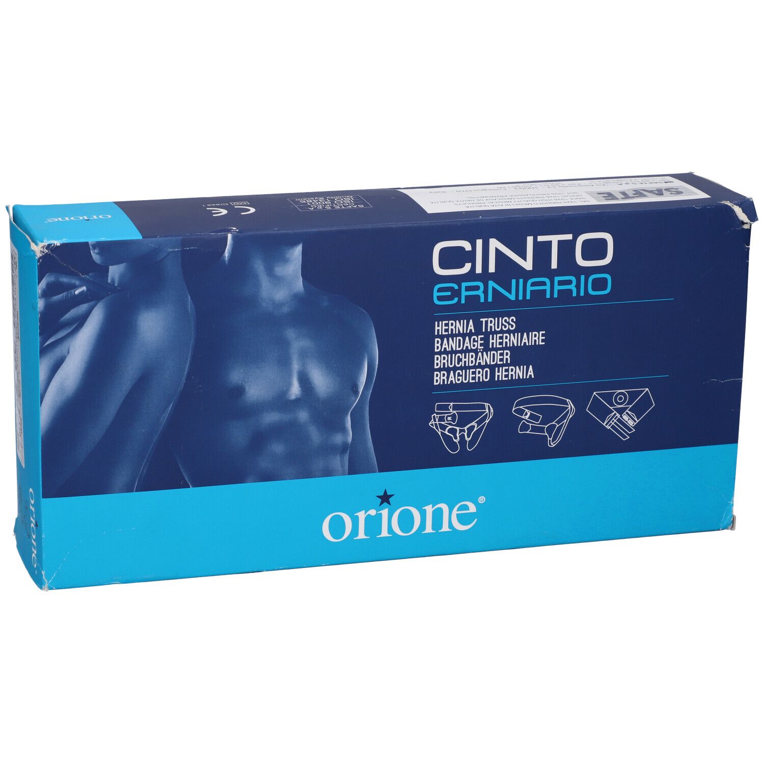 Confezione Orione Cinto Ernario Hernia Truss con illustrazioni del prodotto e raffigurazioni anatomiche.