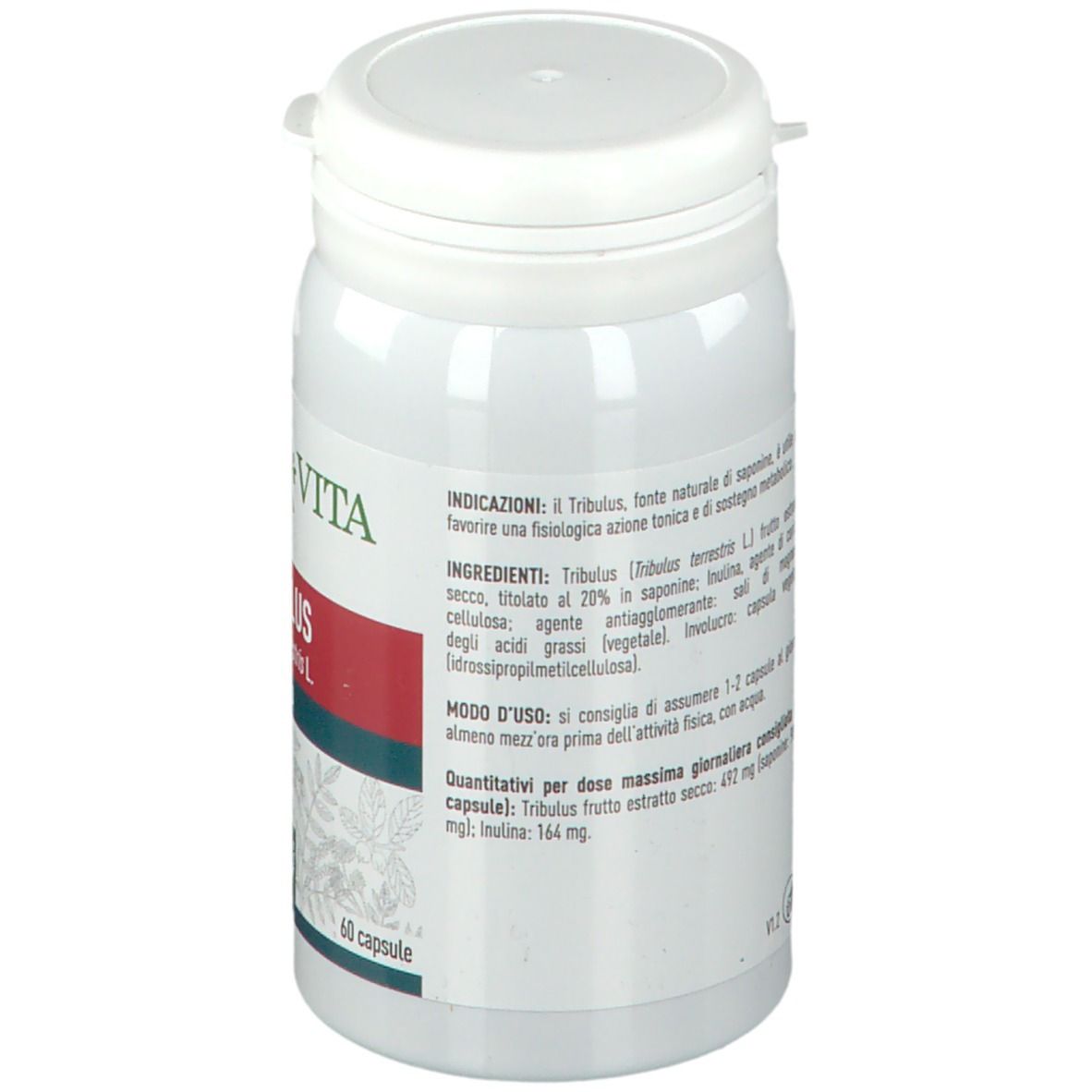 Flacone bianco con etichetta. Scritta: ERBA VITA, Tribulus. Elenco ingredienti, istruzioni per l'uso.