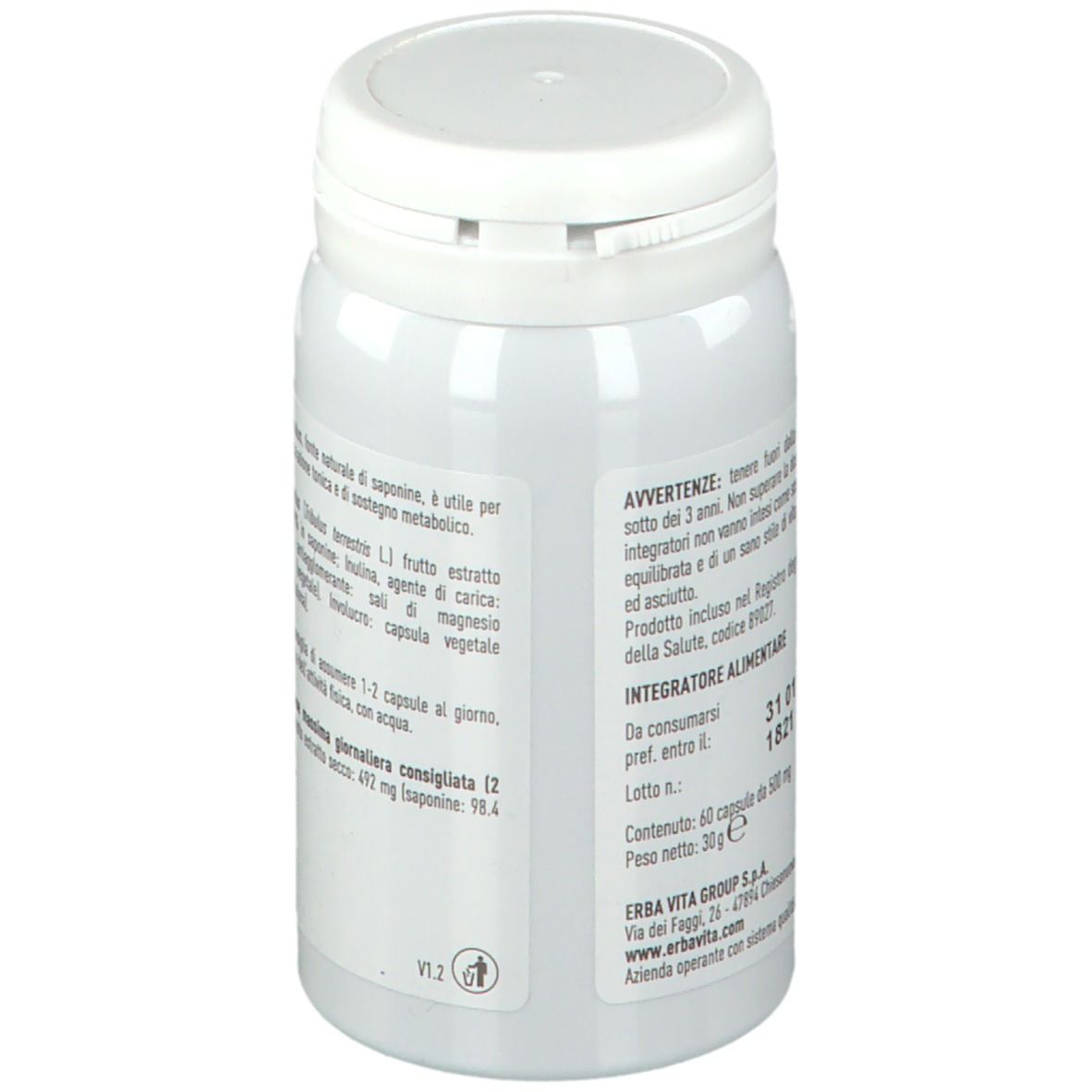 Flacone bianco con etichetta. Scritta: ERBA VITA, Tribulus. Avvertenze, contenuto, produttore.