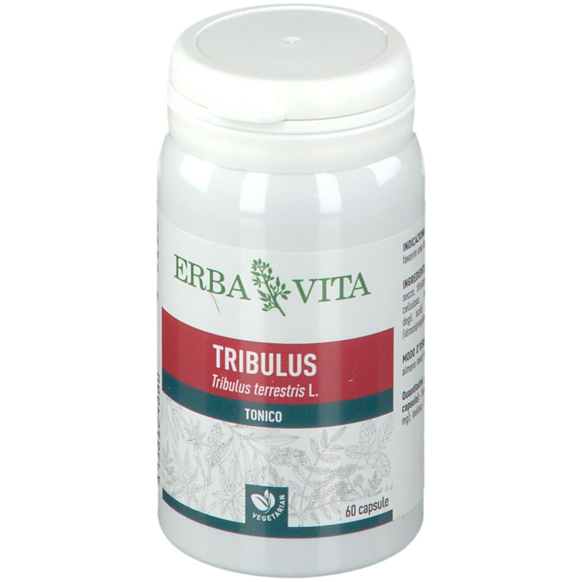 Flacone bianco con etichetta rossa. Scritta: ERBA VITA, Tribulus, 60 capsule. Vegetariano.