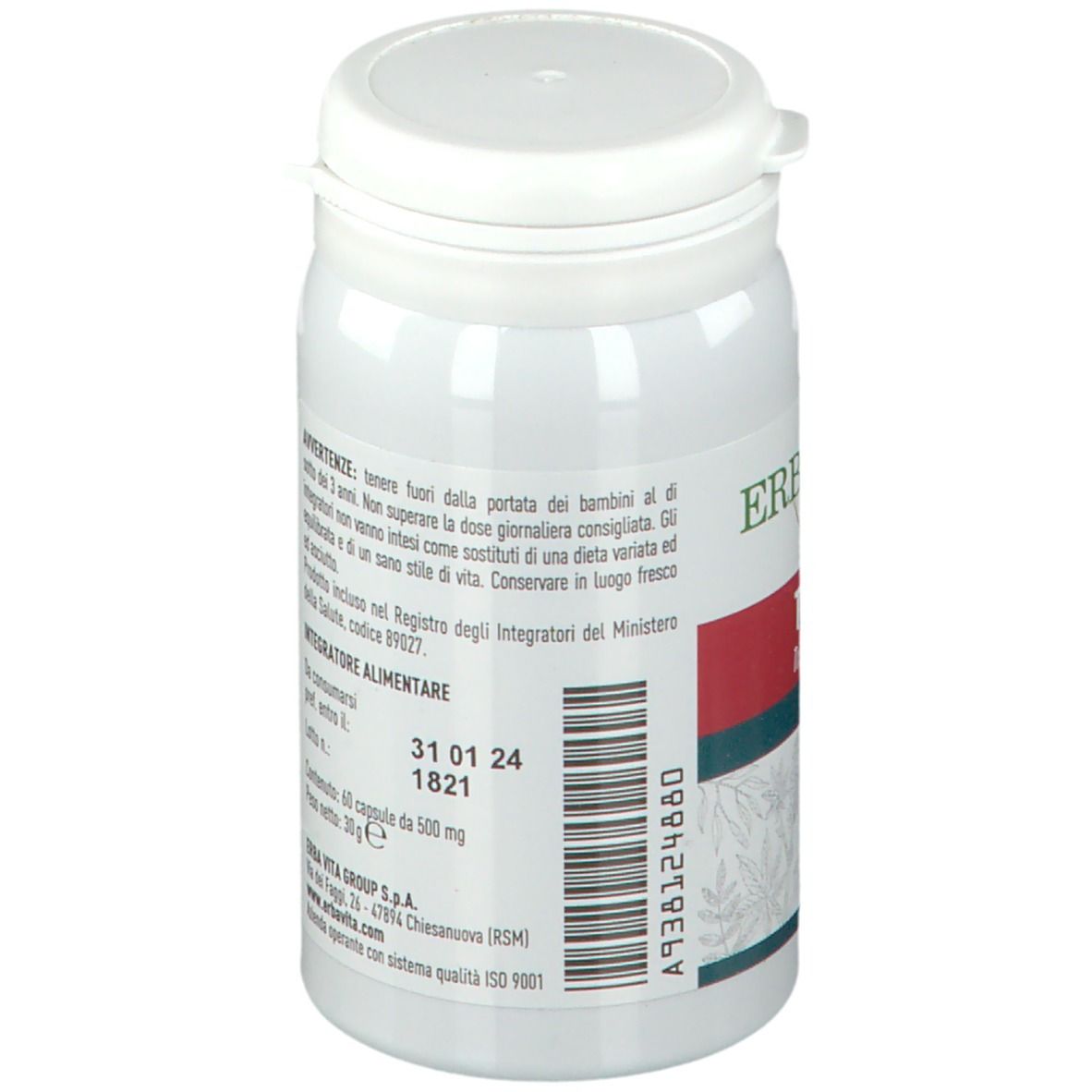 Flacone bianco con etichetta. Scritta: ERBA VITA, Tribulus. Avvertenze, scadenza, produttore.