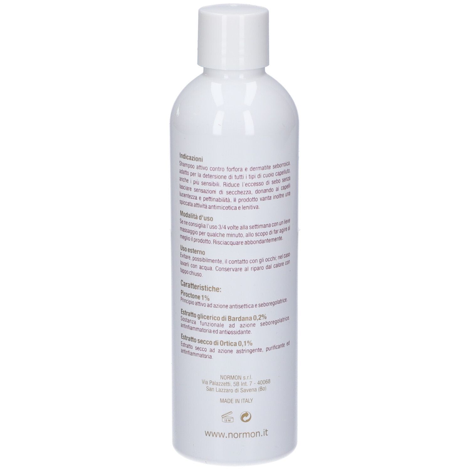 Flacone bianco con tappo bianco. Scritte in italiano. Logo Normon bordeaux.