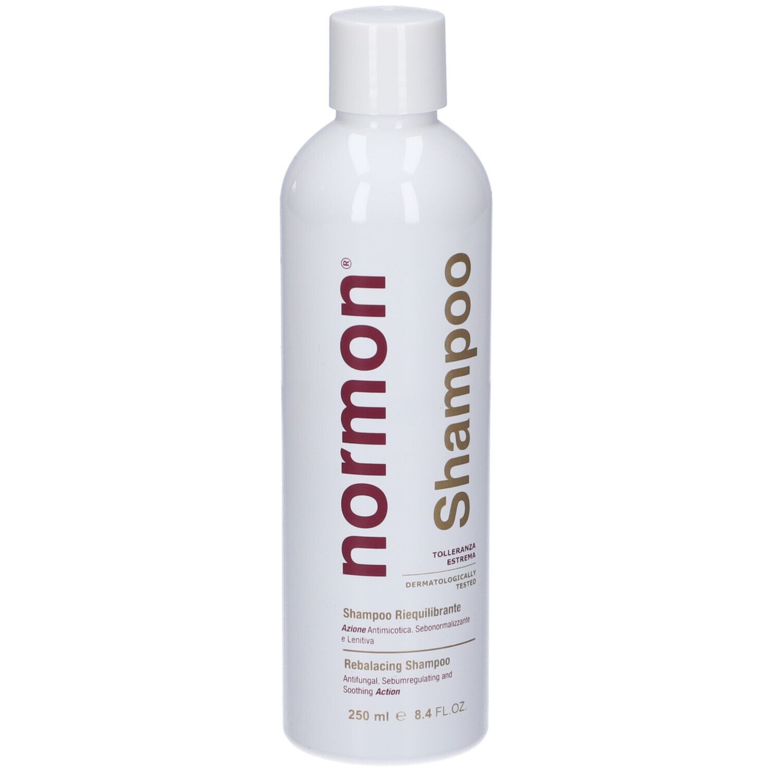 Flacone bianco con tappo bianco. Scritte in italiano. Logo Normon bordeaux.