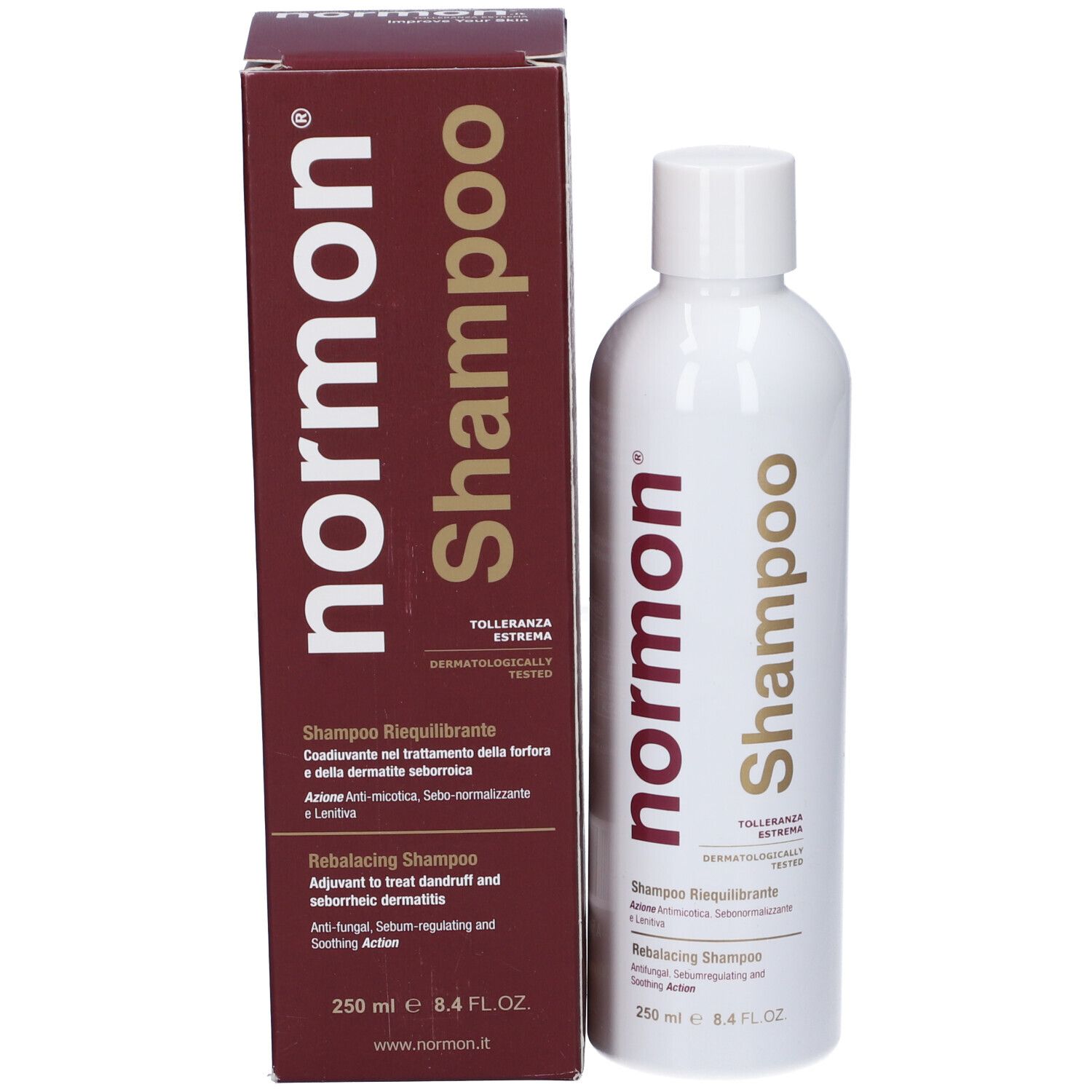 Flacone bianco e scatola. Scritte in italiano. Logo Normon bordeaux. Dermatologicamente testato.