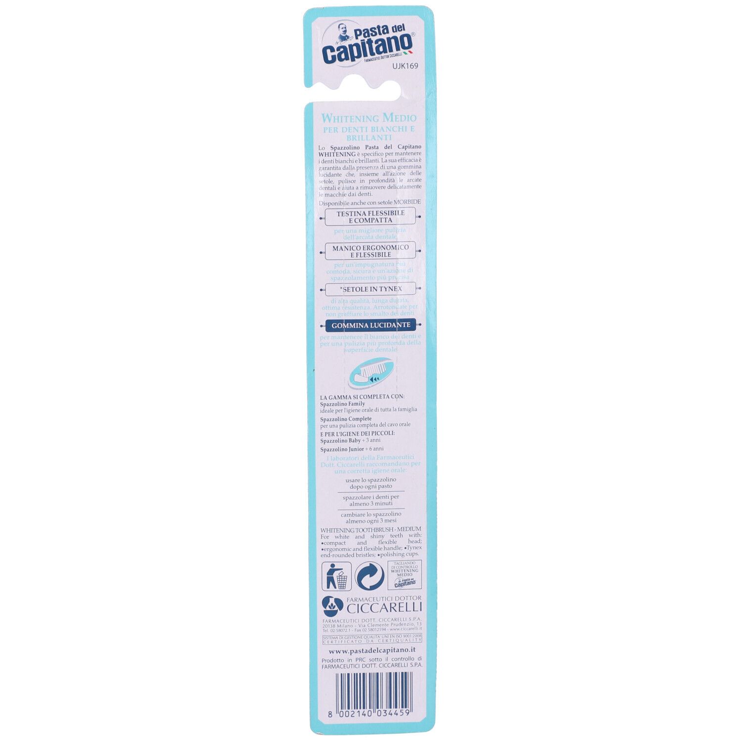 Retro della confezione dello spazzolino. Informazioni testuali e loghi, tra cui "Pasta del Capitano".