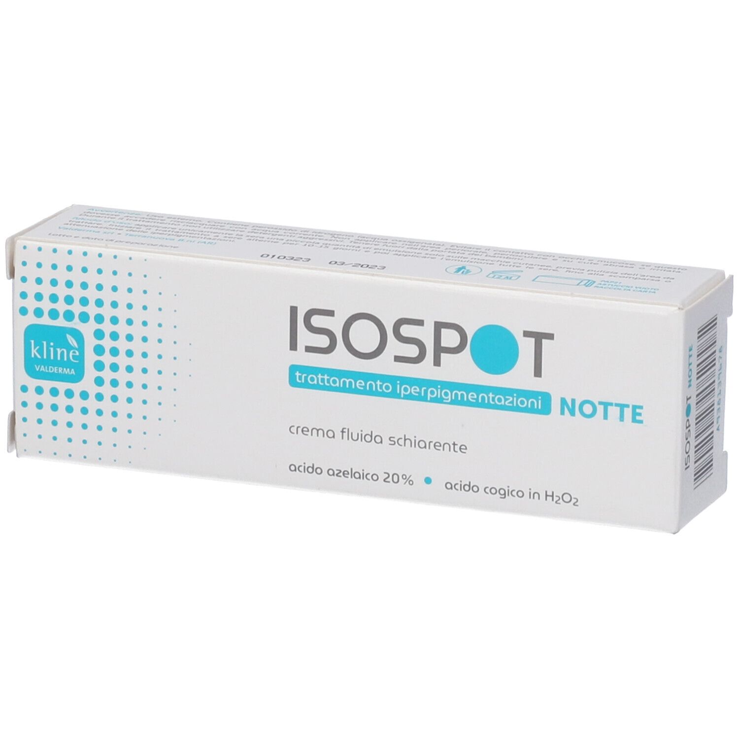 Scatola bianca con logo ISOSPOT NOTTE. Testo: trattamento iperpigmentazioni, crema fluido schiarente, acido azelaico 20%. Logo Kline.