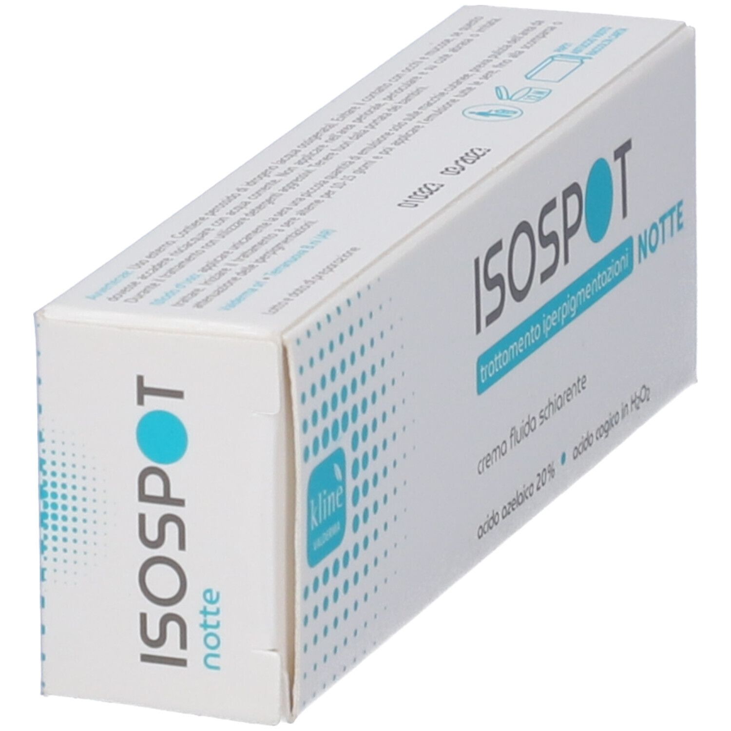 Scatola ISOSPOT NOTTE. Testo: trattamento iperpigmentazioni, crema fluido schiarente, acido azelaico 20%. Logo Kline. Punti blu.