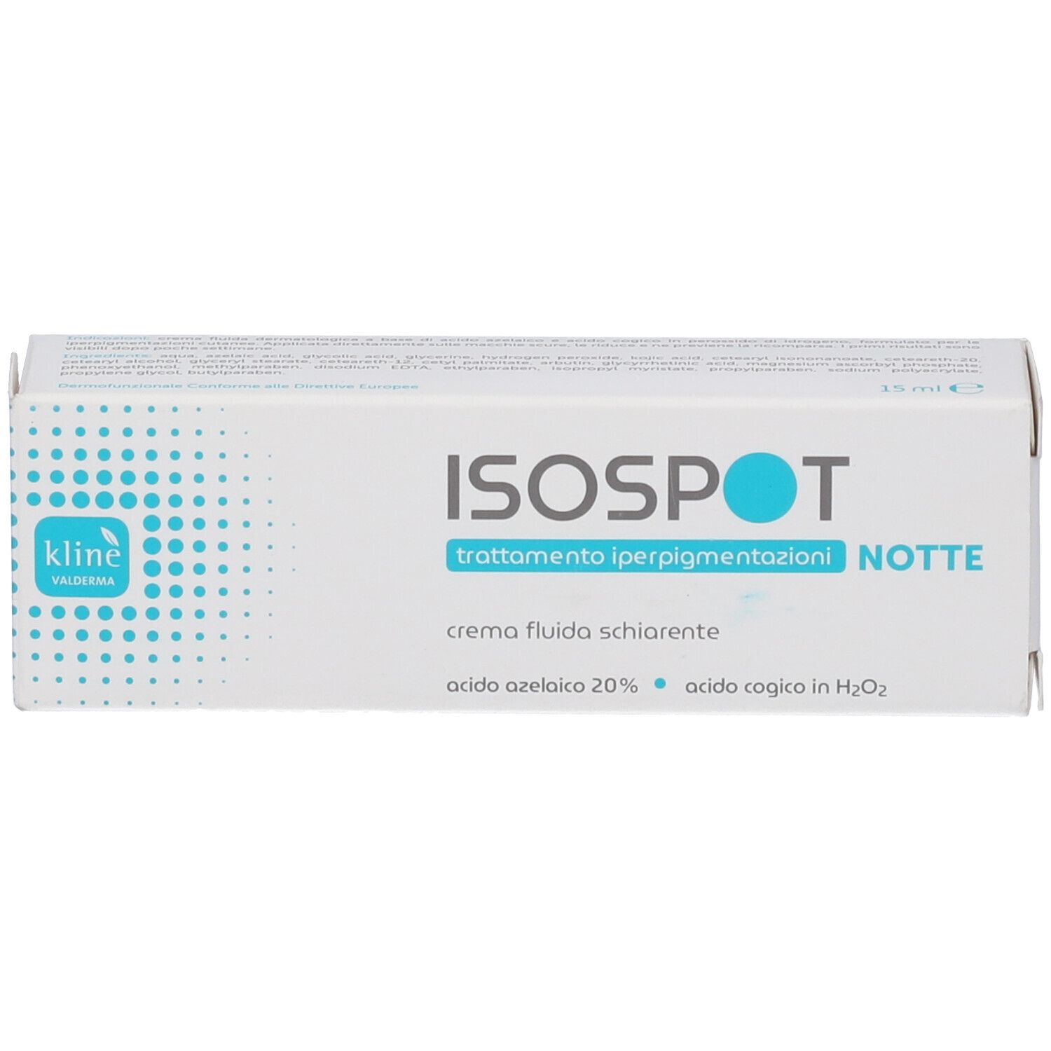 Scatola bianca con logo ISOSPOT NOTTE. Testo: trattamento iperpigmentazioni, crema fluido schiarente, acido azelaico 20%. Logo Kline.