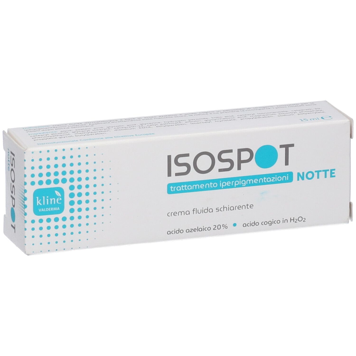 Scatola ISOSPOT NOTTE. Testo: trattamento iperpigmentazioni, crema fluido schiarente, acido azelaico 20%. Logo Kline. Punti blu.