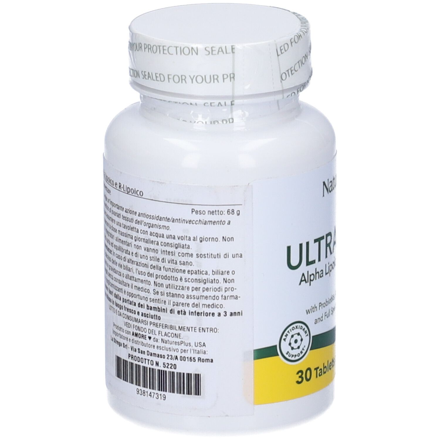 Flacone bianco con tappo. Scritta: Ultra Lipoic, 30 compresse. Testo sul retro. Marchio: NaturesPlus. Sigillo.