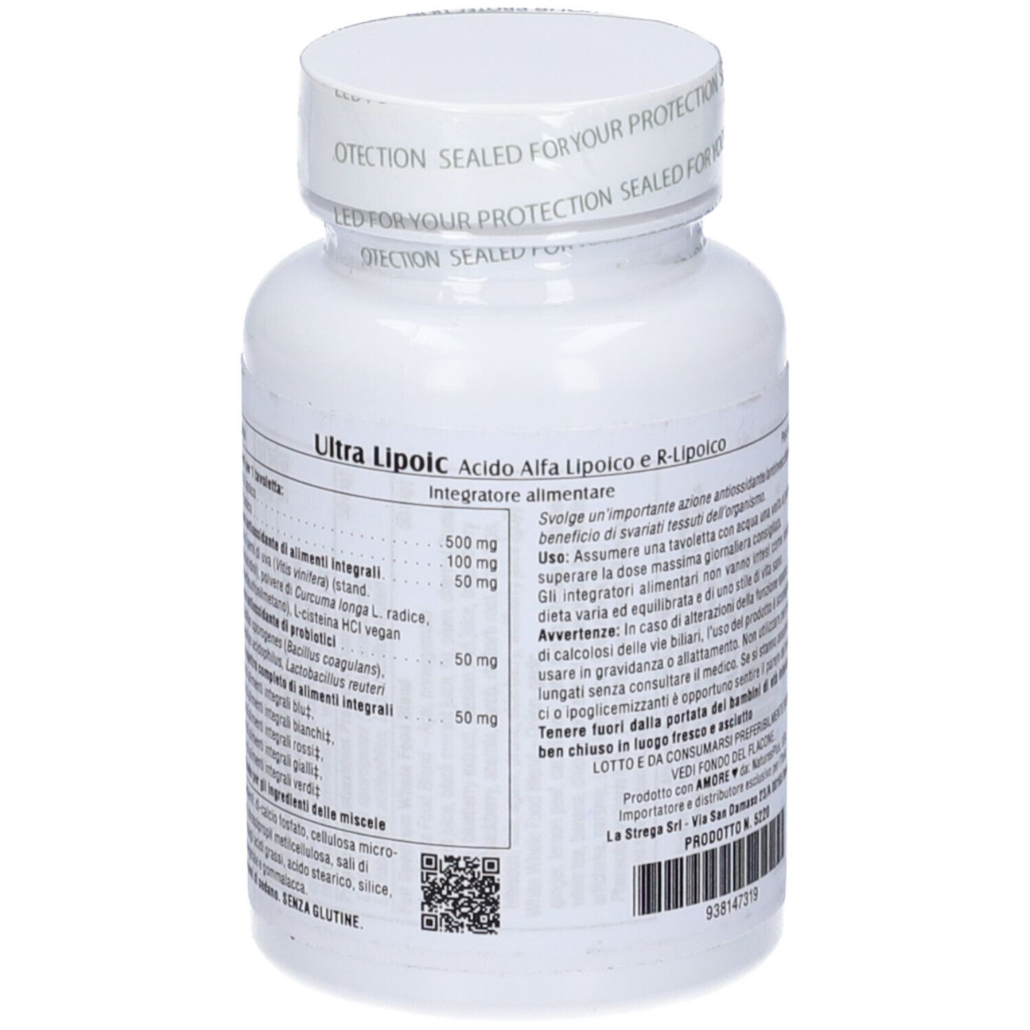 Flacone bianco con tappo. Testo sul retro. Scritta: Ultra Lipoic. Marchio: NaturesPlus. Codice QR.