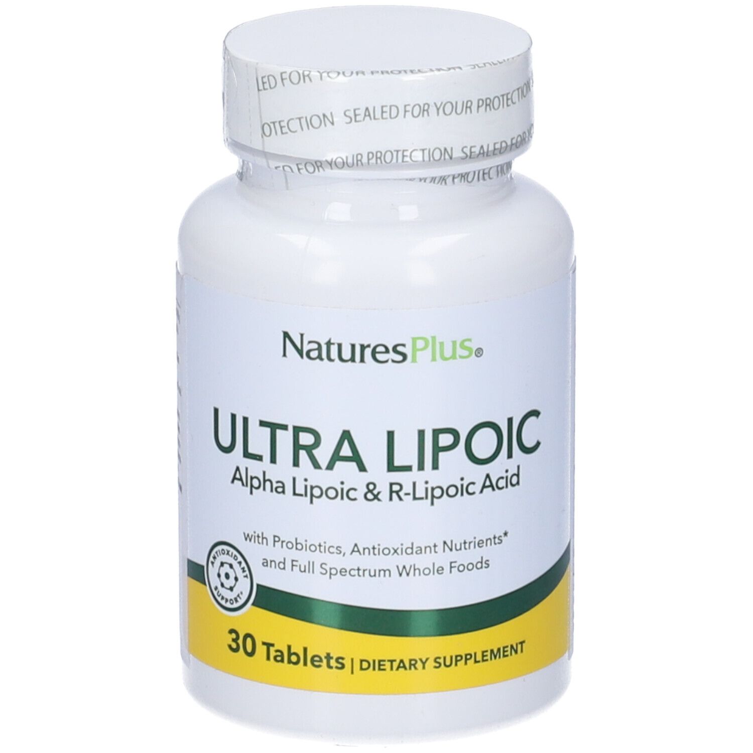 Flacone bianco con tappo. Scritta: Ultra Lipoic, 30 compresse. Marchio: NaturesPlus. Sigillo sul tappo.