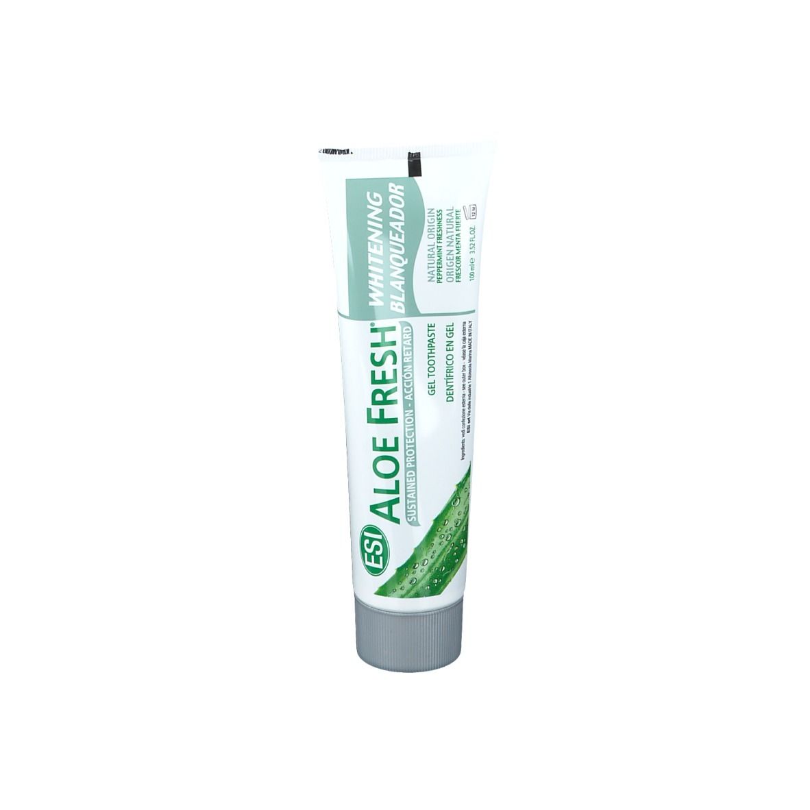 Tubo di dentifricio bianco e verde. Scritta: Aloe Fresh, Whitening, per denti bianchi. Tappo grigio.