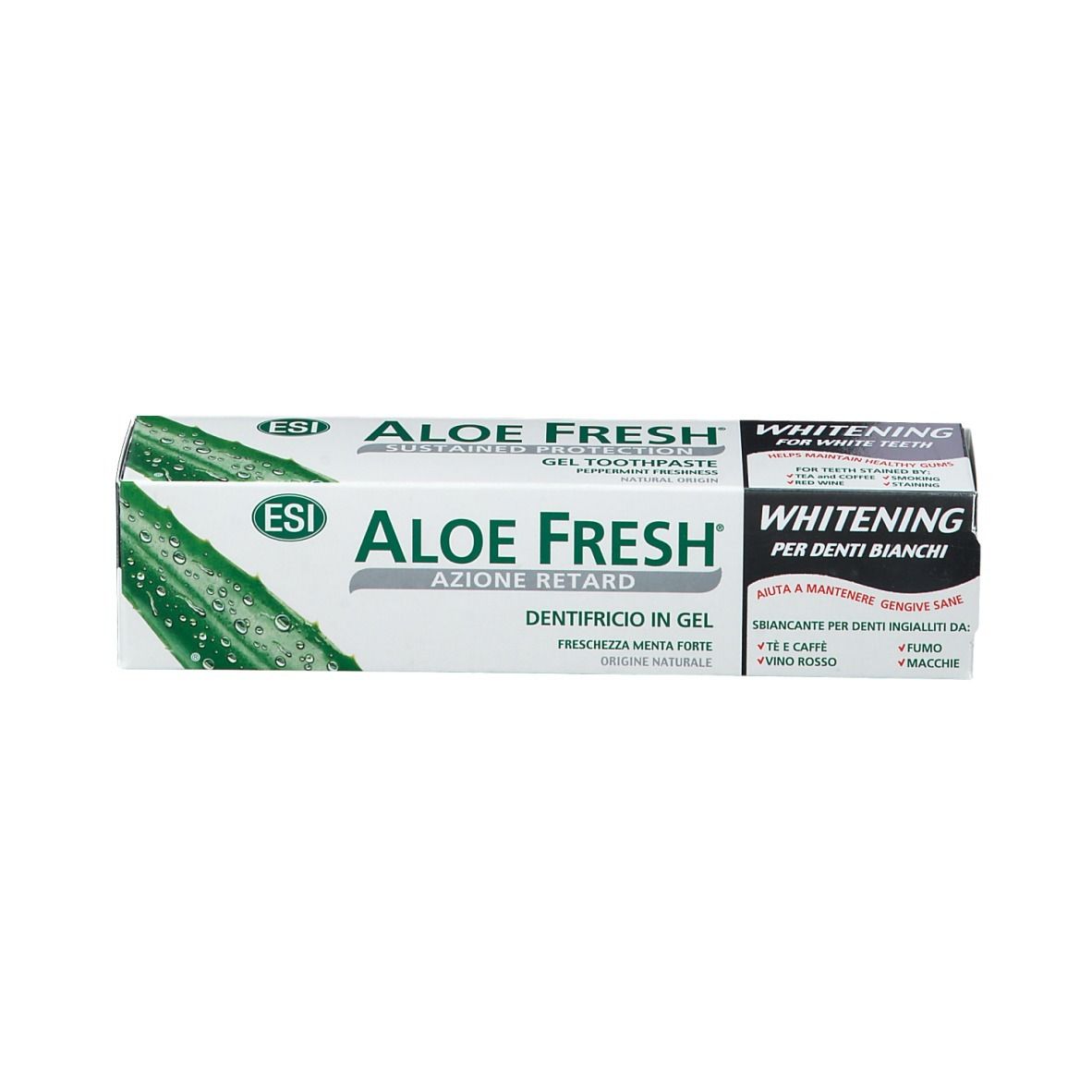 Scatola di dentifricio con design verde e bianco. Scritta: Aloe Fresh, Whitening, per denti bianchi. Informazioni aggiuntive.