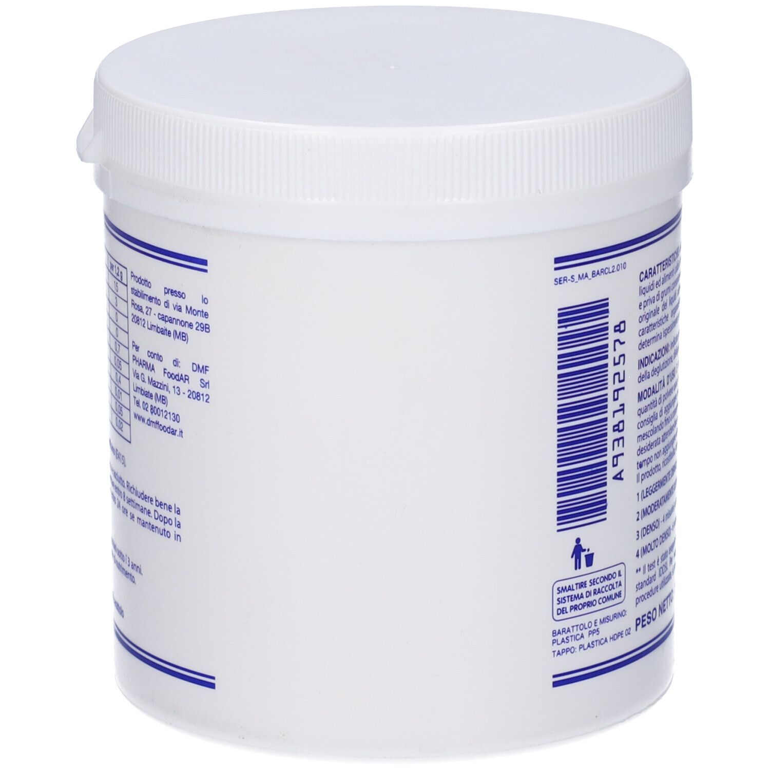 Contenitore bianco con coperchio. Vista laterale. Codice a barre e testo. Testo: Peso netto 250 g. Simbolo di riciclaggio.