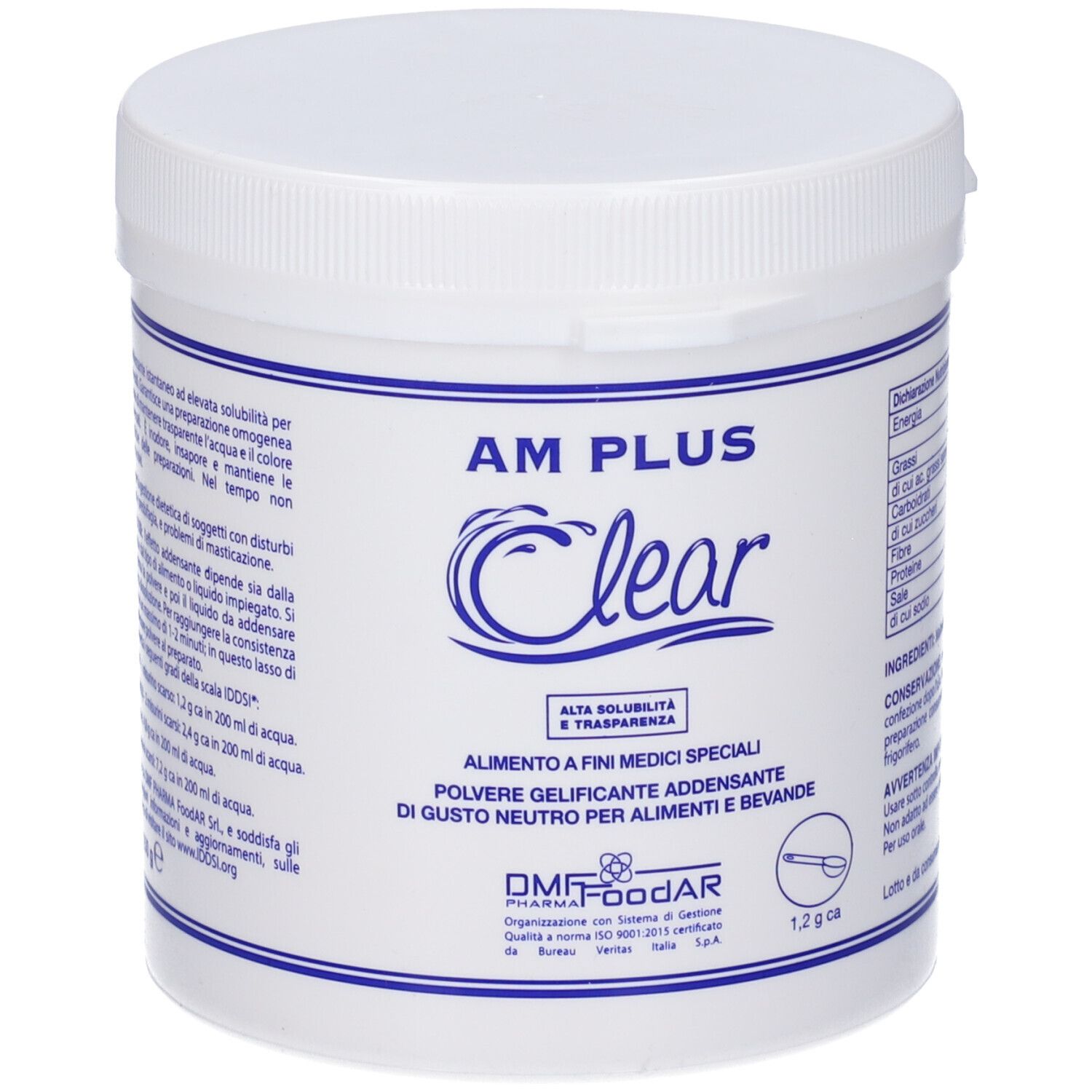 Contenitore bianco con coperchio. Scritta AM PLUS Clear. Testo: Alta solubilità e trasparenza. Polvere per uso medico.