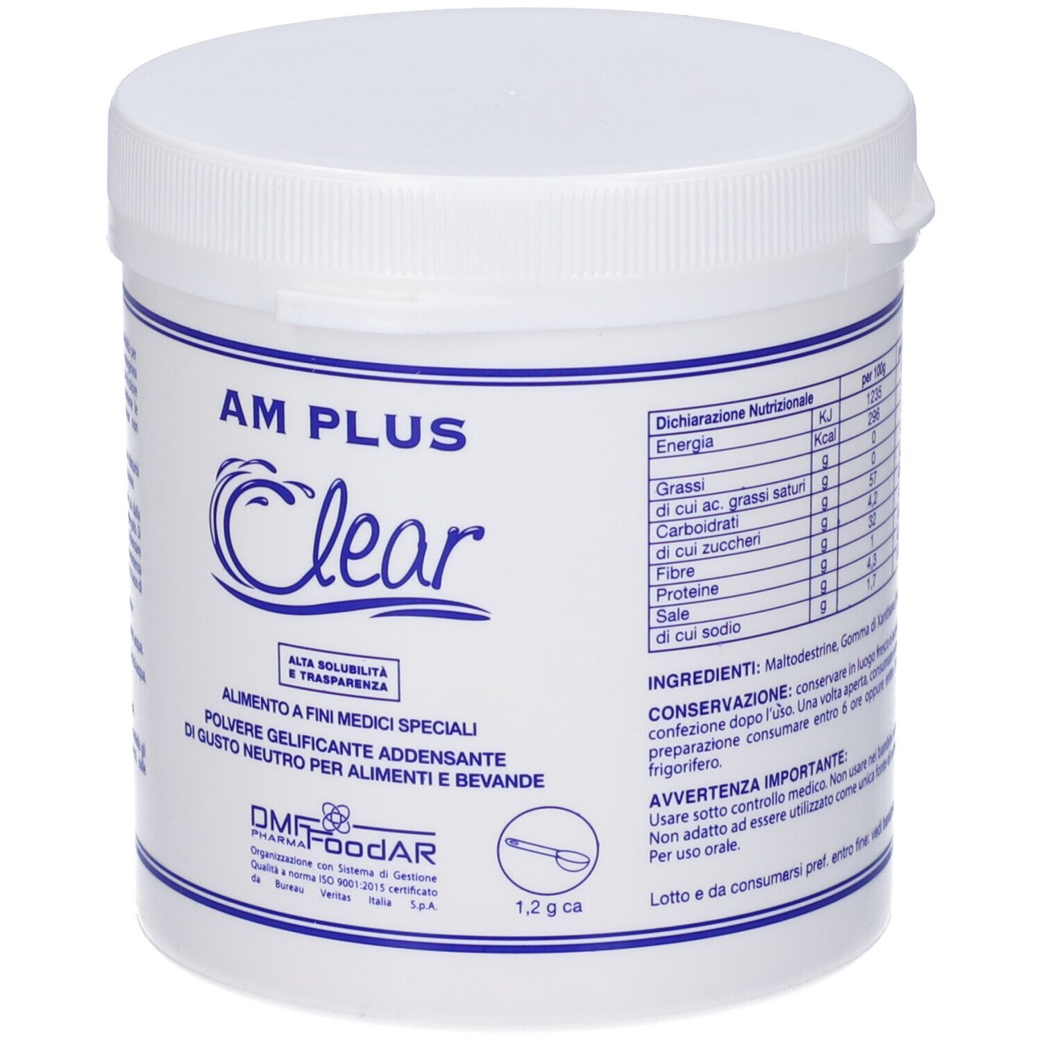 Contenitore bianco con coperchio. Scritta AM PLUS Clear. Testo: Alta solubilità e trasparenza. Informazioni nutrizionali e ingredienti.