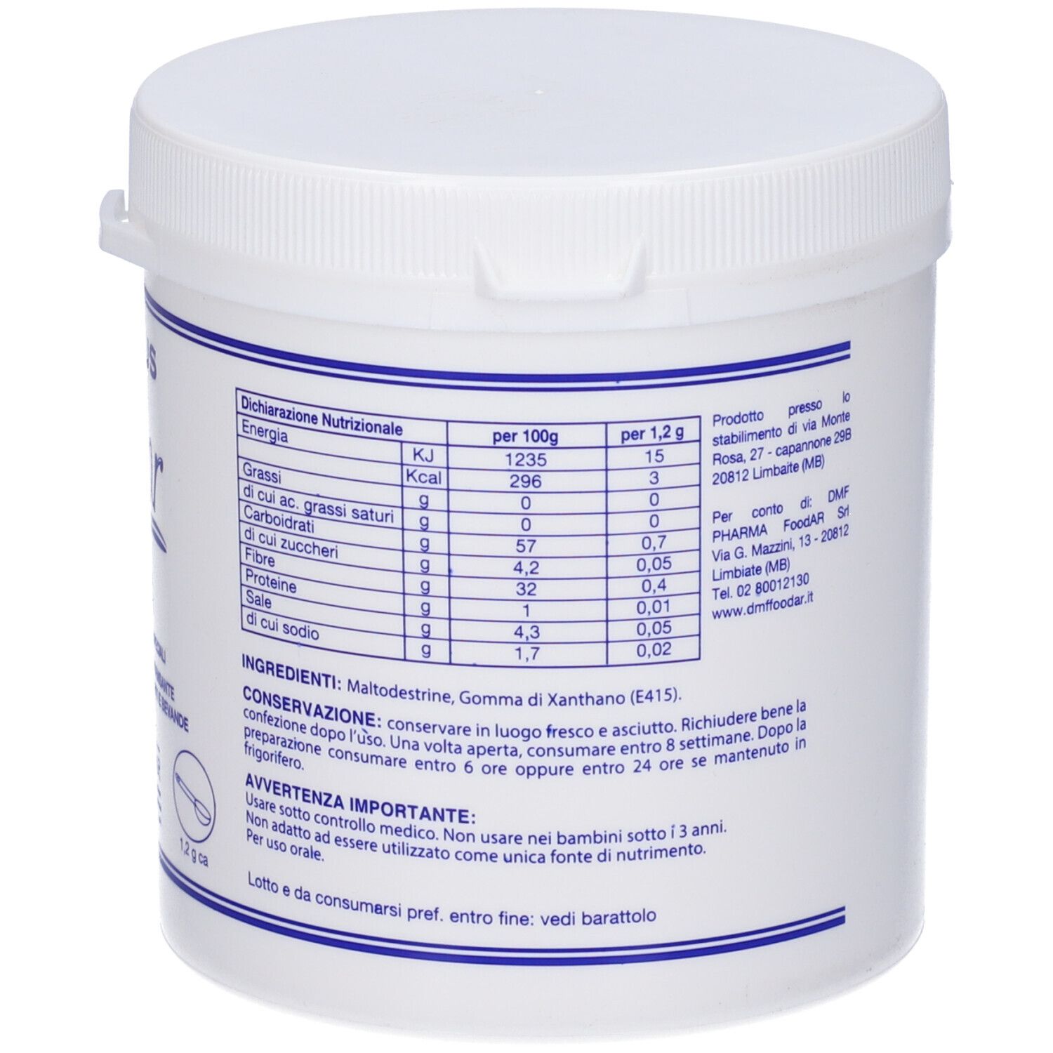 Contenitore bianco con coperchio. Retro con testo. Informazioni nutrizionali e ingredienti. Testo: Peso netto 250 g. Avvertenze.