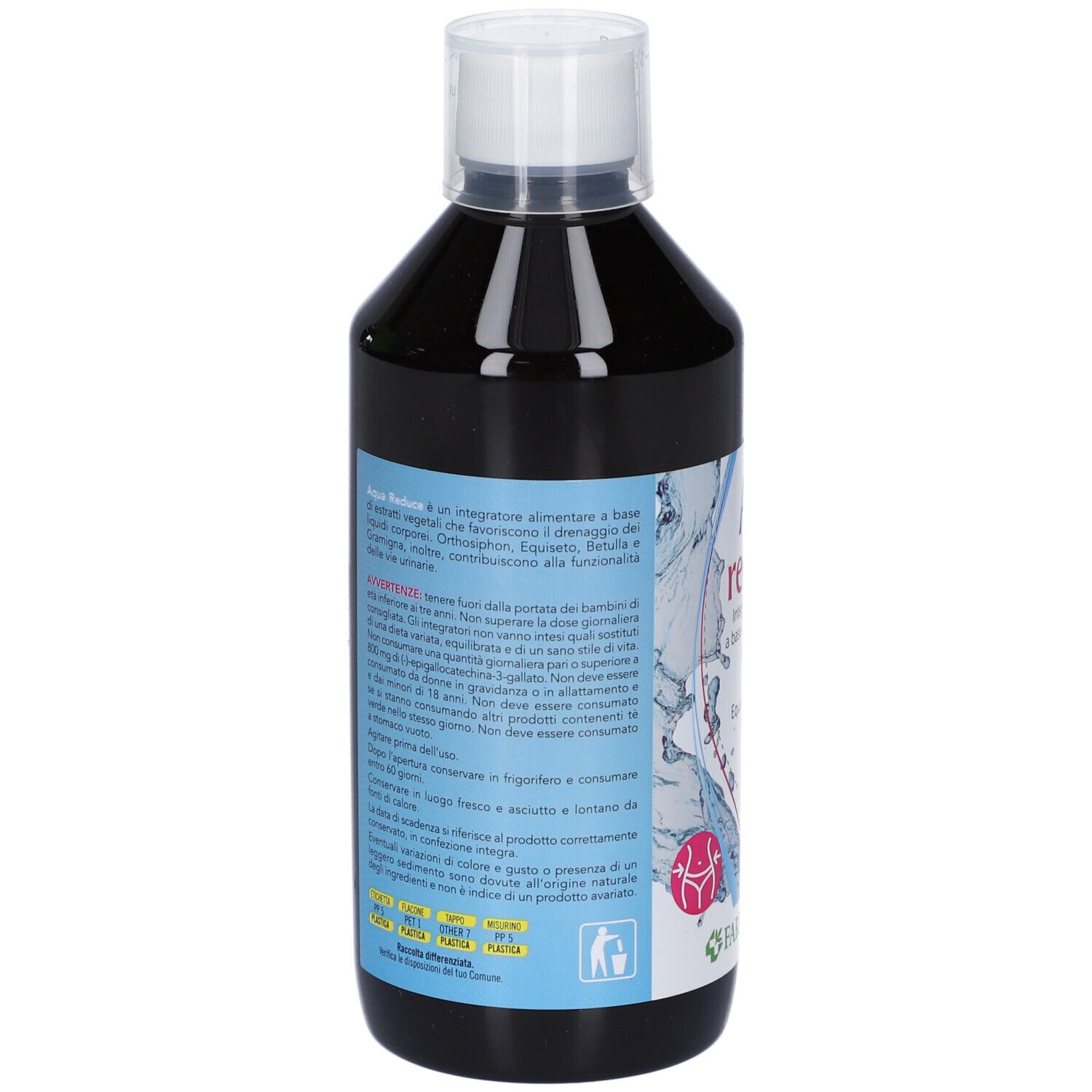 Retro di un flacone trasparente con liquido scuro. Etichetta con dettagliate istruzioni d'uso e ingredienti.
