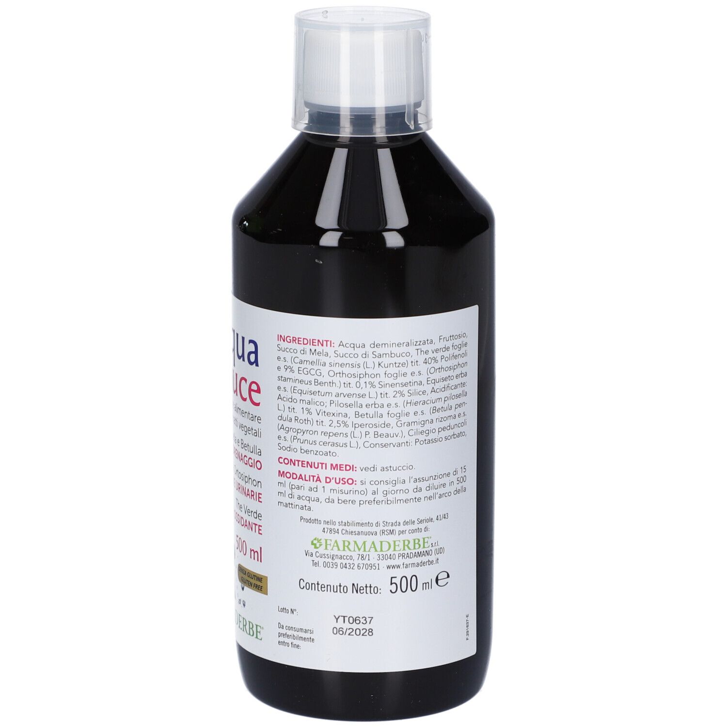 Flacone trasparente con liquido scuro e tappo bianco. Etichetta con ingredienti dettagliati e istruzioni d'uso.