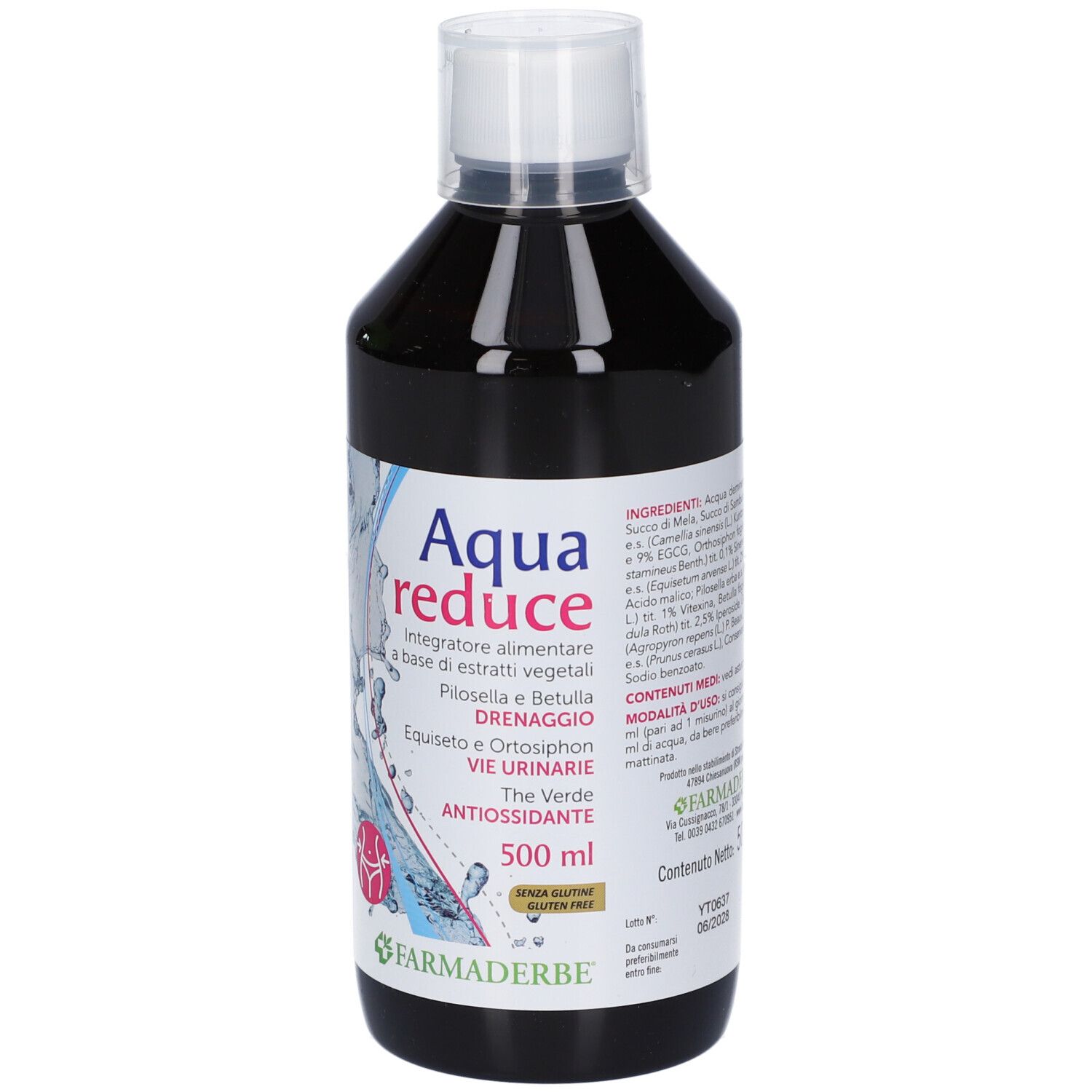 Liquido scuro in flacone trasparente con tappo bianco. Etichetta con informazioni prodotto, nome marchio e certificazioni.