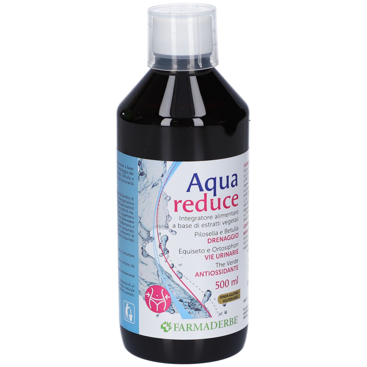 Flacone trasparente con liquido scuro. Etichetta con nome prodotto, nome marchio ed elementi grafici.