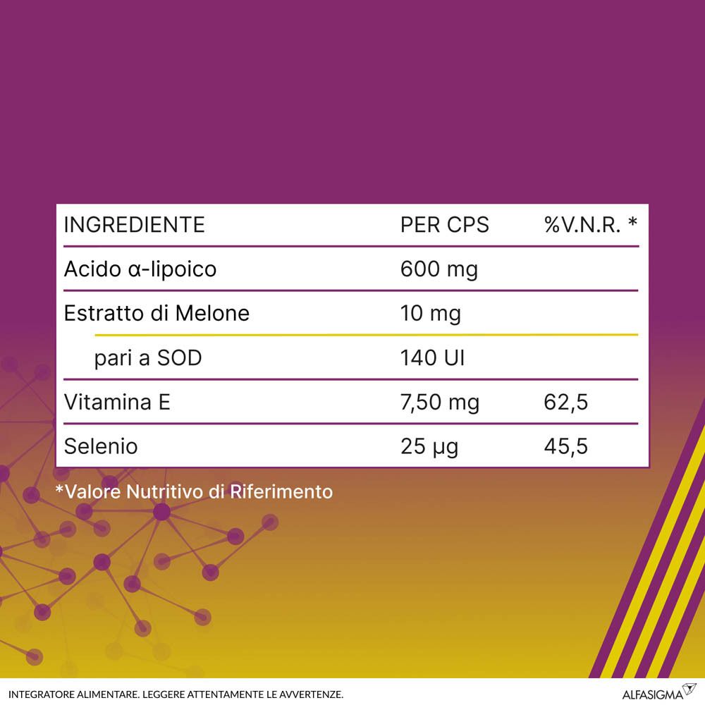 Tabella ingredienti: Acido alfa-lipoico, estratto di melone, vitamina E, selenio. Valori nutrizionali.