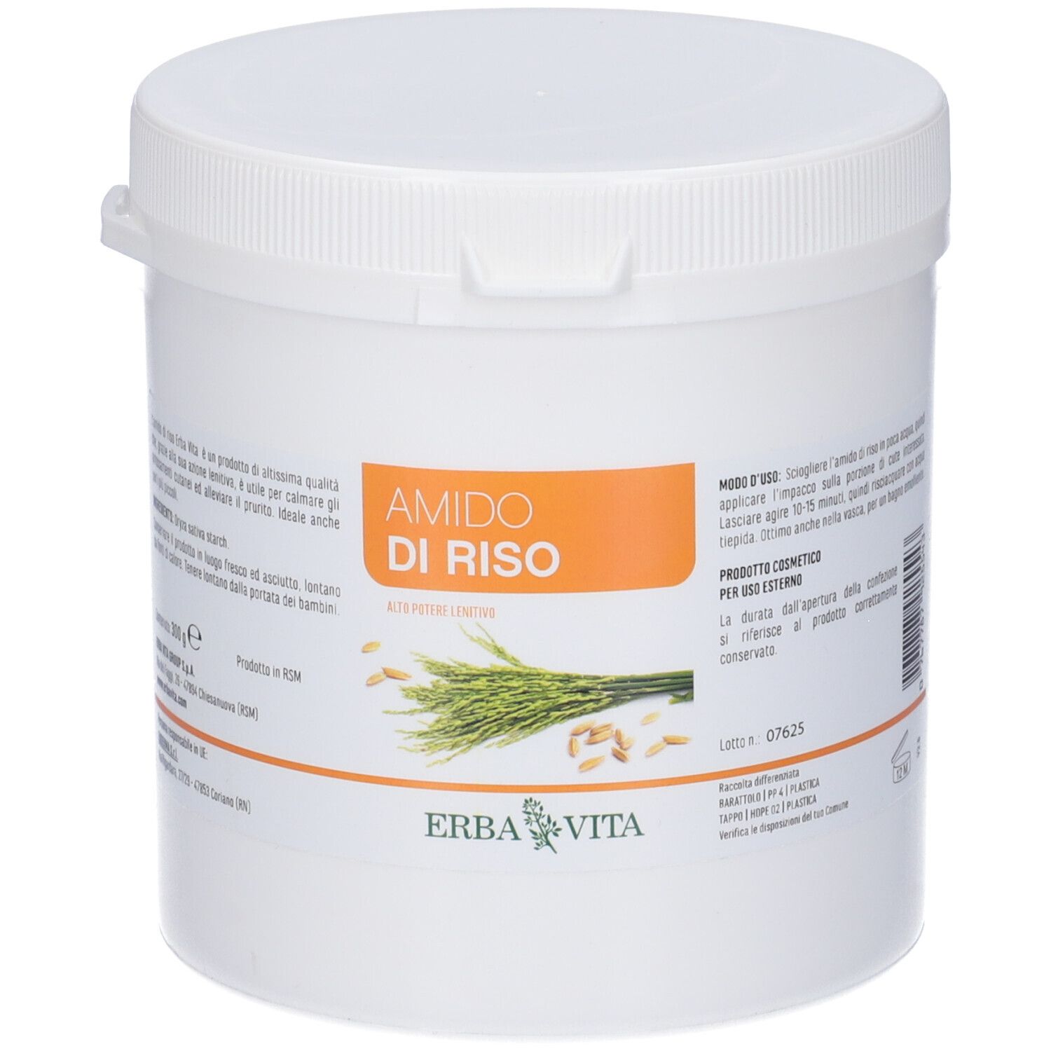 Barattolo bianco con coperchio. Scritta "Amido di Riso". Marchio Erba Vita. Testo in italiano.