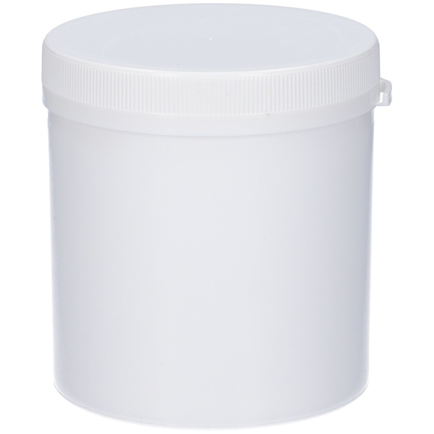 Barattolo bianco con coperchio. Testo in italiano.