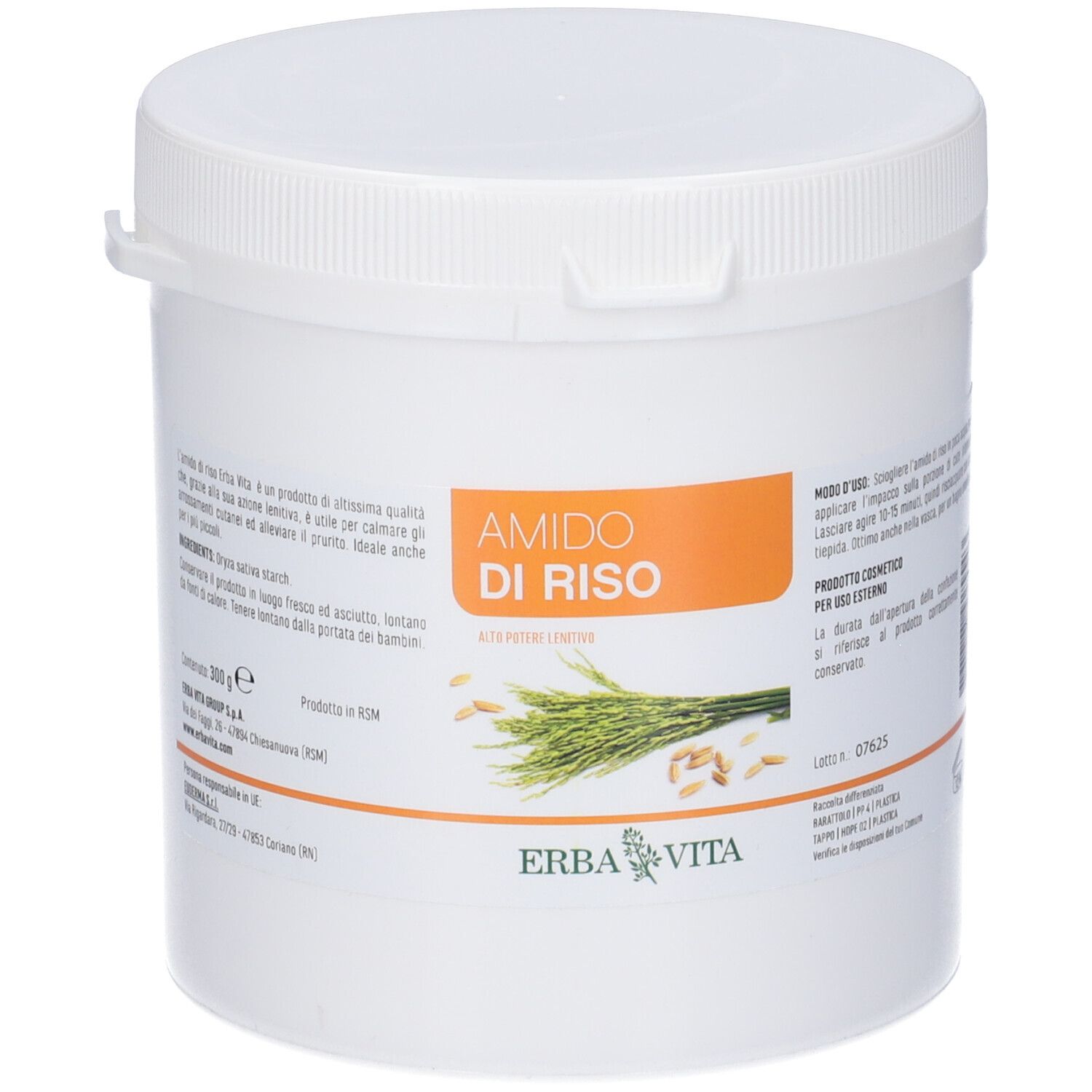 Barattolo bianco con coperchio. Scritta "Amido di Riso". Marchio Erba Vita. Testo in italiano.