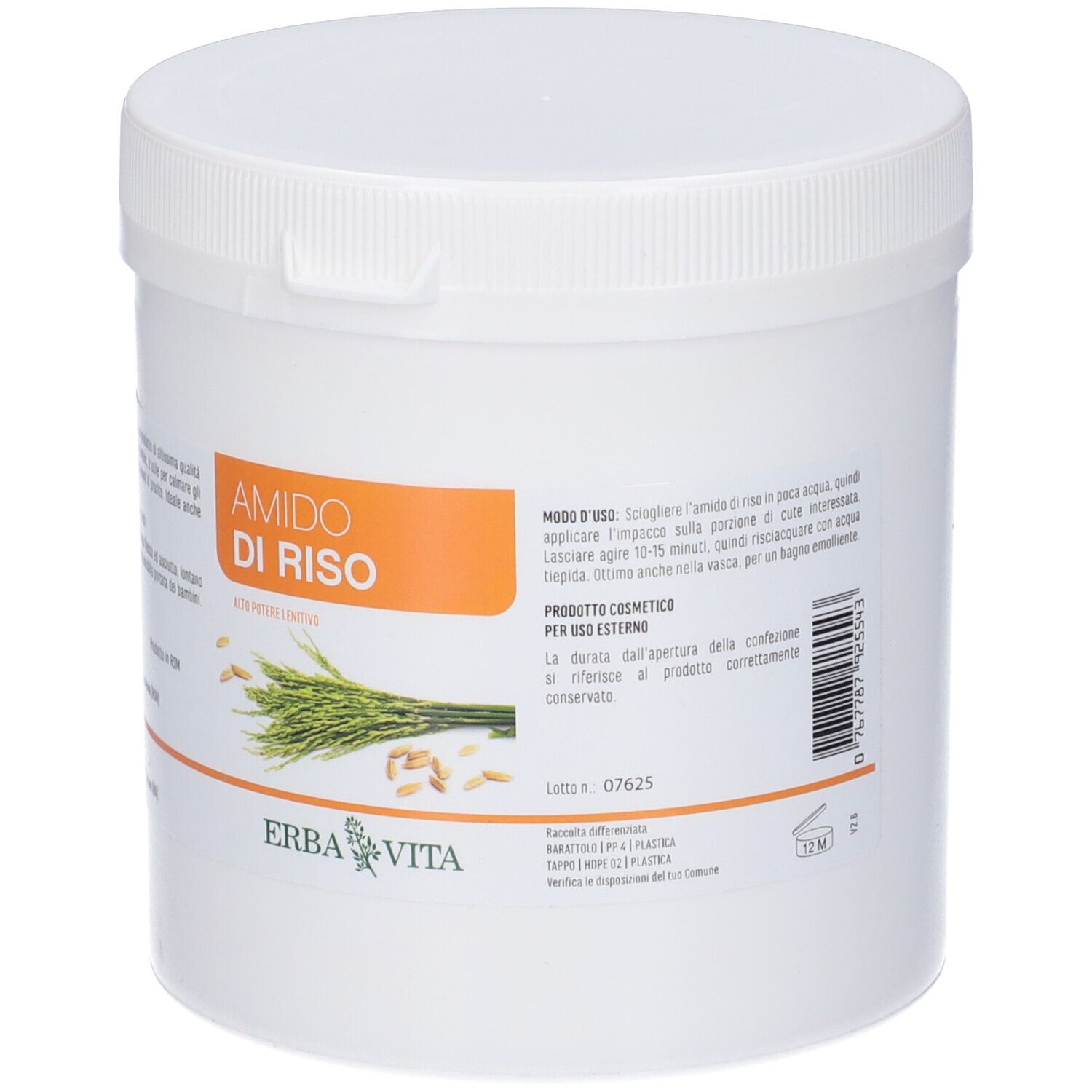 Barattolo bianco con coperchio. Scritta "Amido di Riso". Marchio Erba Vita. Testo in italiano.