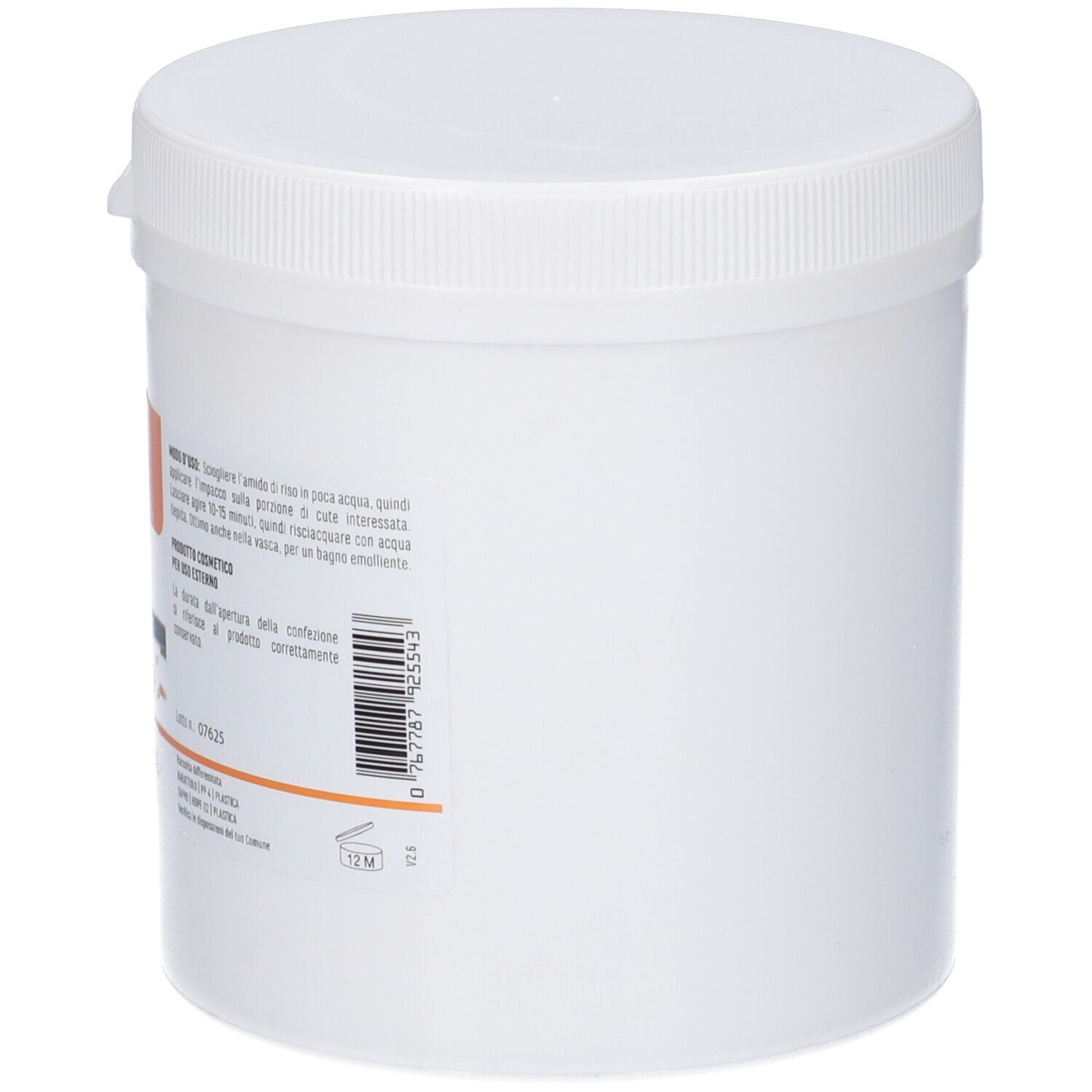 Barattolo bianco con coperchio. Testo in italiano.