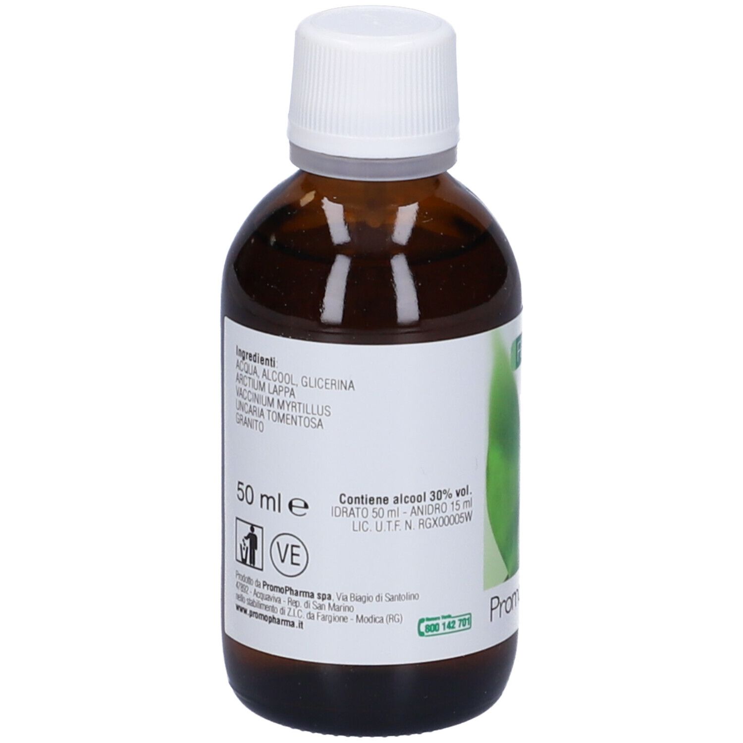 Flacone in vetro marrone con tappo bianco. Etichetta con ingredienti, 50 ml e logo PromoPharma. Contiene alcol.