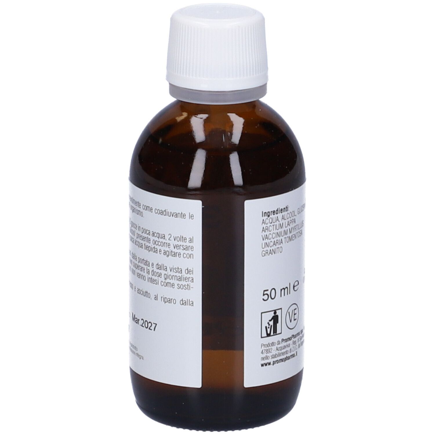 Flacone in vetro marrone con tappo bianco. Etichetta con ingredienti, 50 ml e logo PromoPharma. Scadenza: marzo 2027.