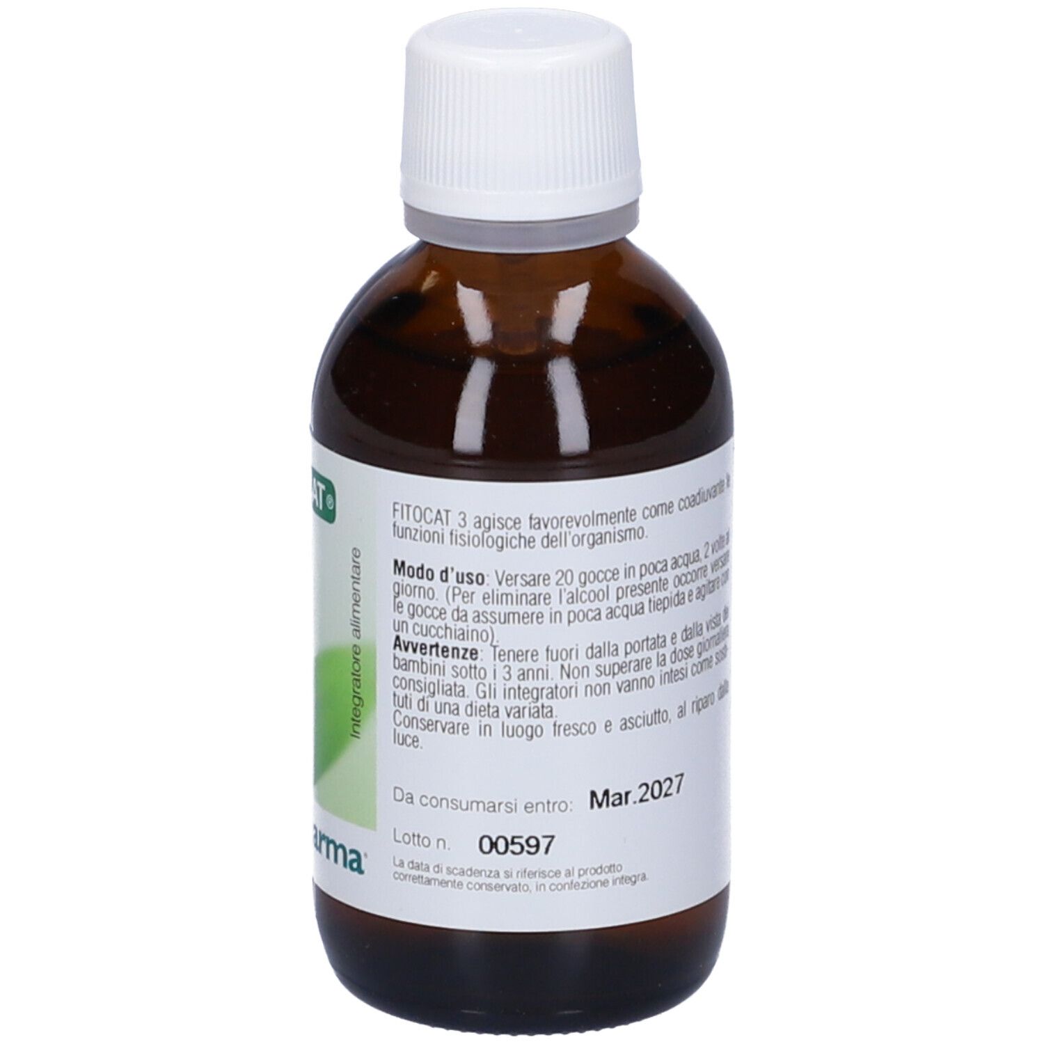 Flacone in vetro marrone con tappo bianco. Etichetta con informazioni prodotto, 50 ml e logo PromoPharma. Scadenza: marzo 2027.