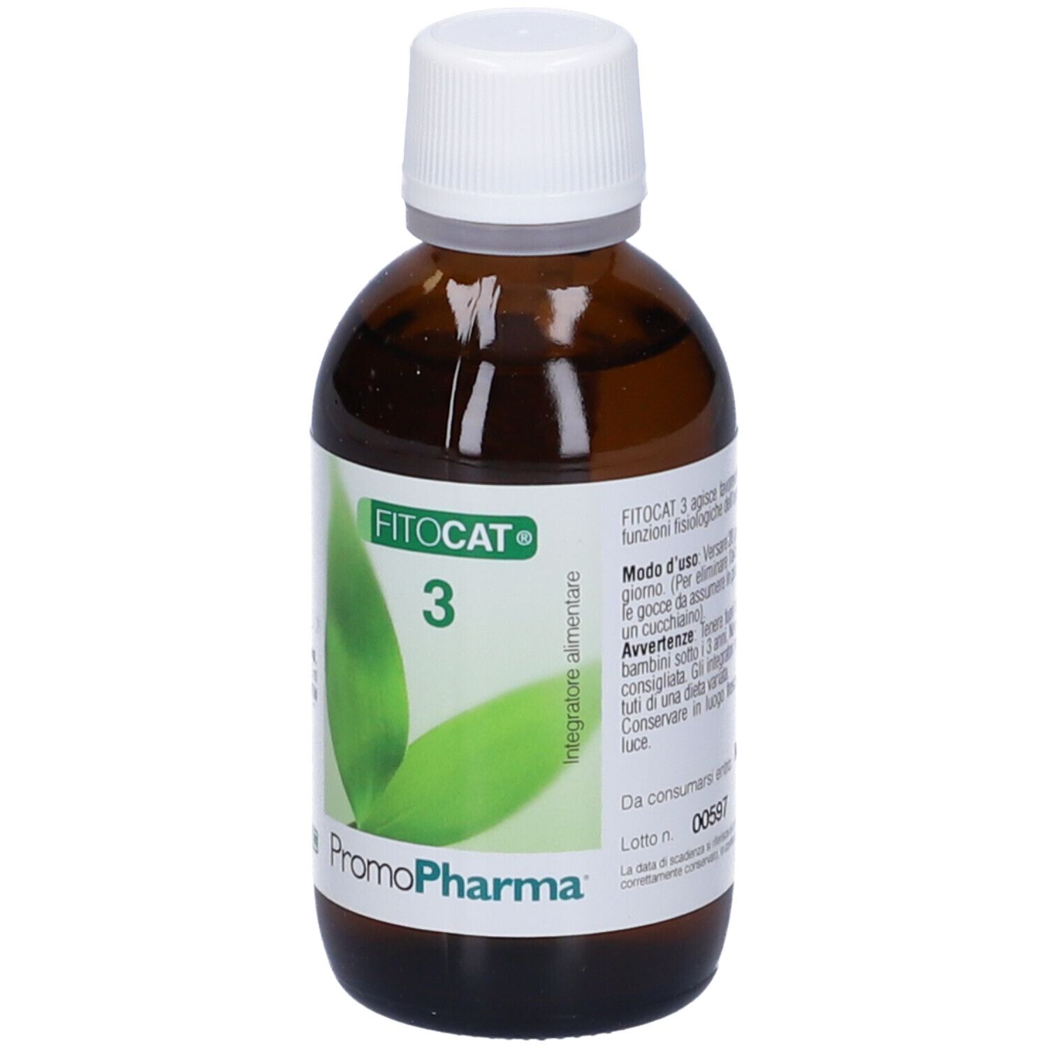 Flacone in vetro marrone con tappo bianco. Scritta: FitoCat 3. Etichetta con motivo a foglie e logo PromoPharma.